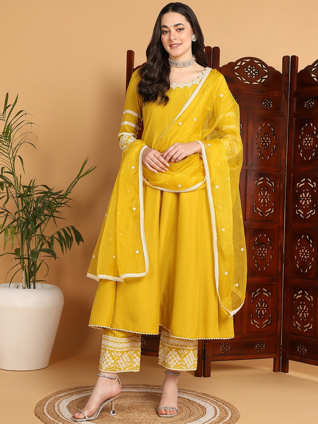 Women's Yellow Silk Blend Embroidered Anarkali Kurta Palazzo Set With Dupatta - Ahika