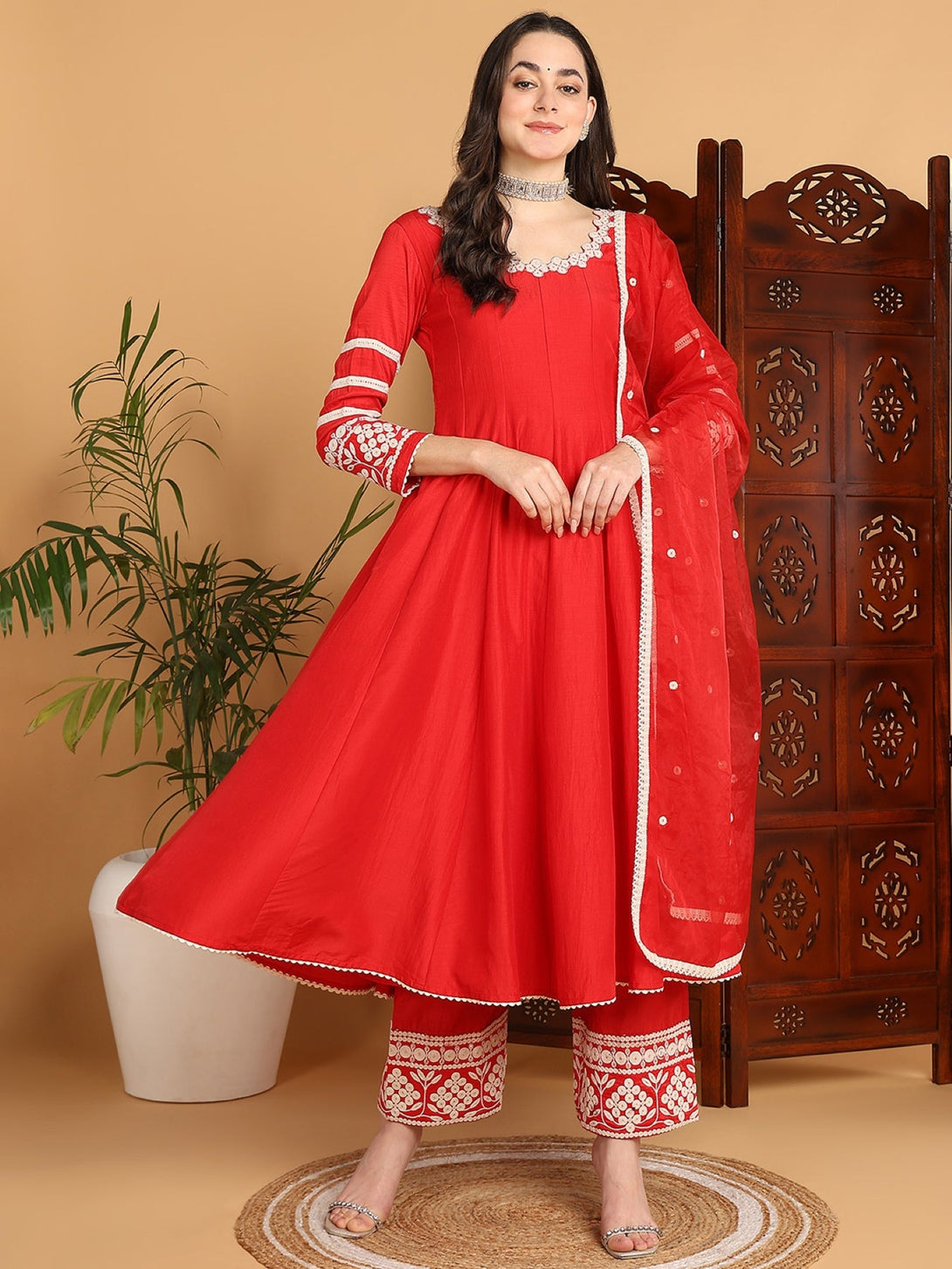 Women's Red Silk Blend Embroidered Anarkali Kurta Palazzo Set With Dupatta - Ahika