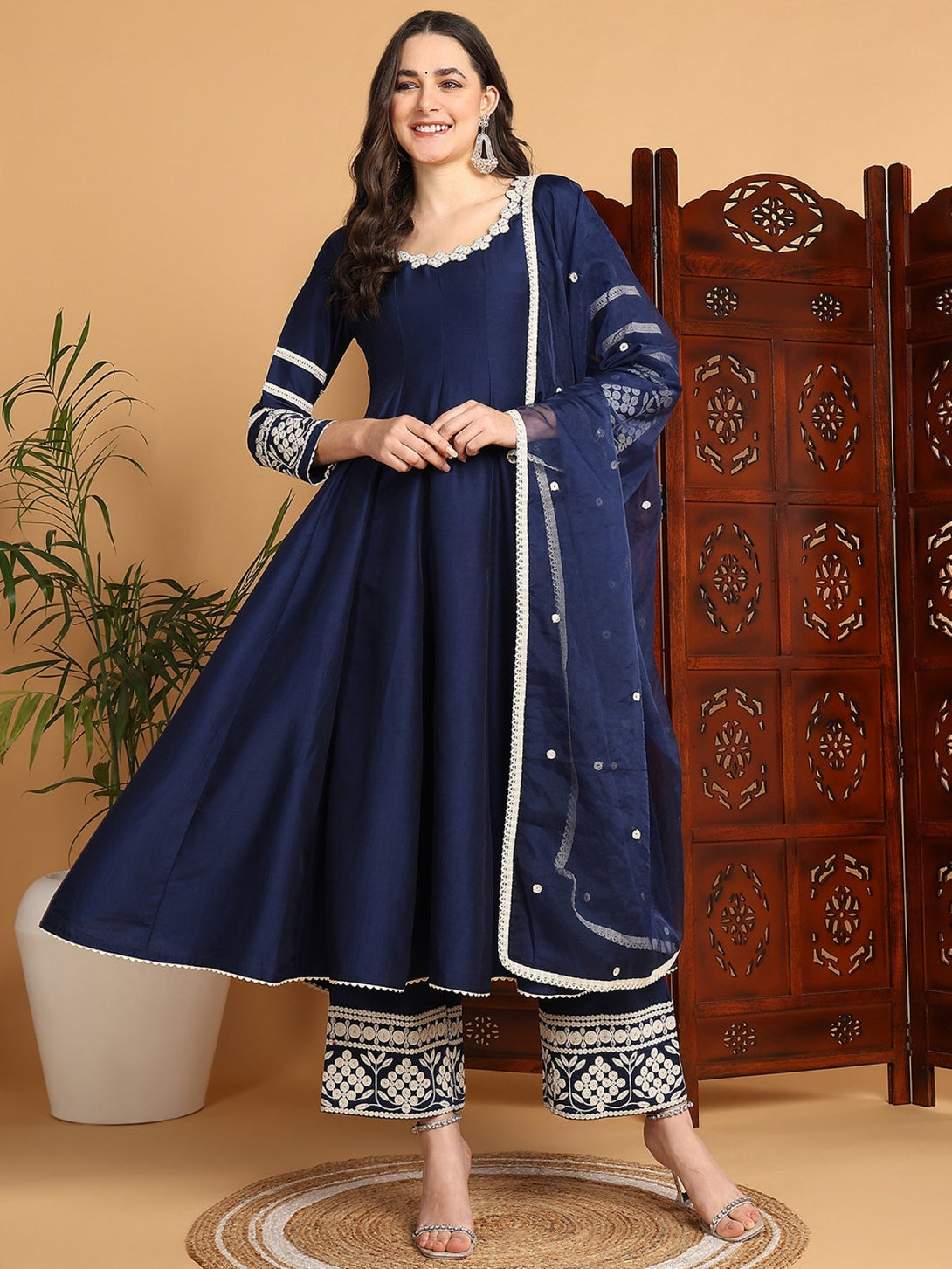 Women's Navy Blue Silk Blend Embroidered Anarkali Kurta Palazzo Set With Dupatta - Ahika