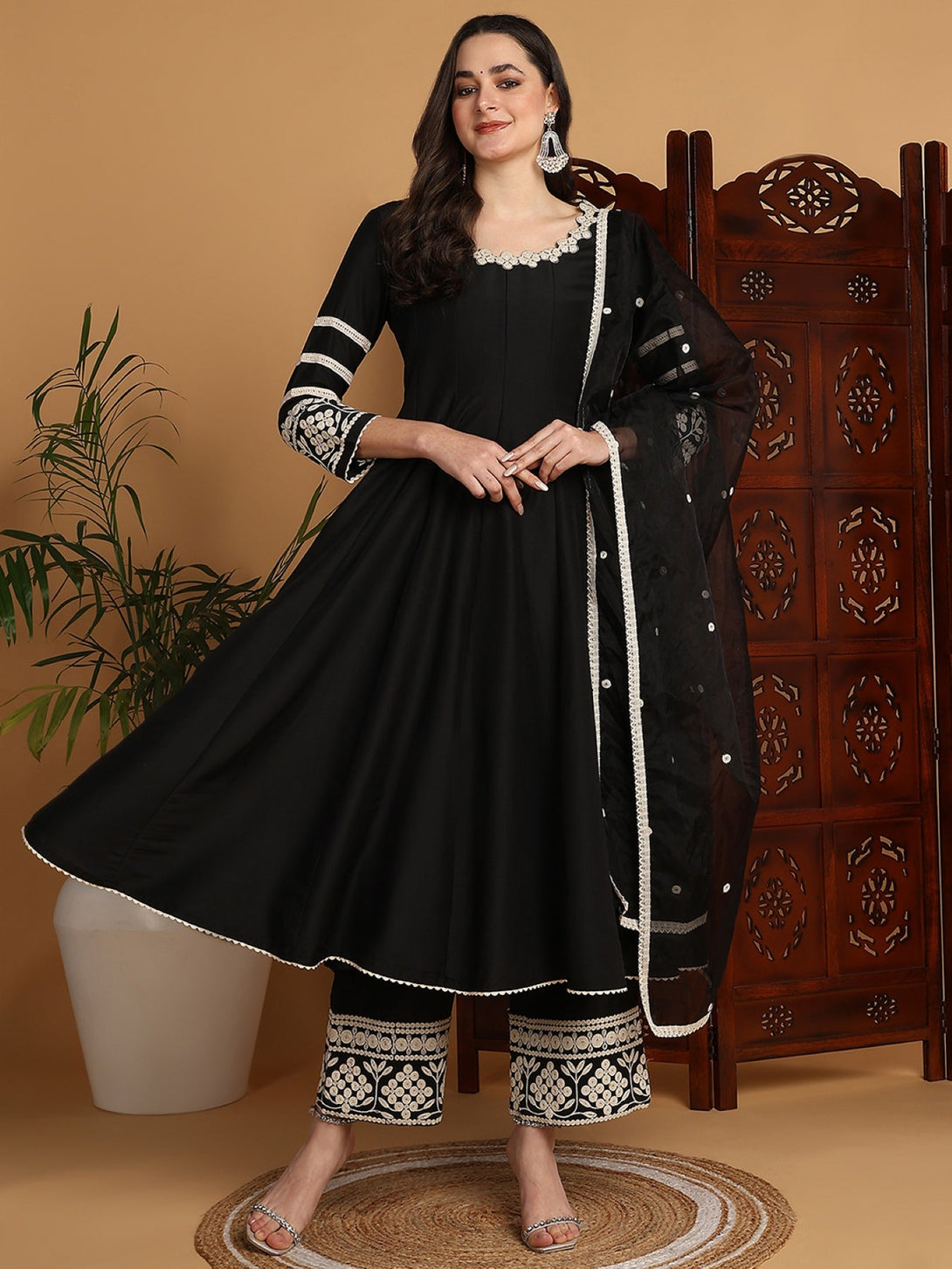 Women's Black Silk Blend Embroidered Anarkali Kurta Palazzo Set With Dupatta - Ahika