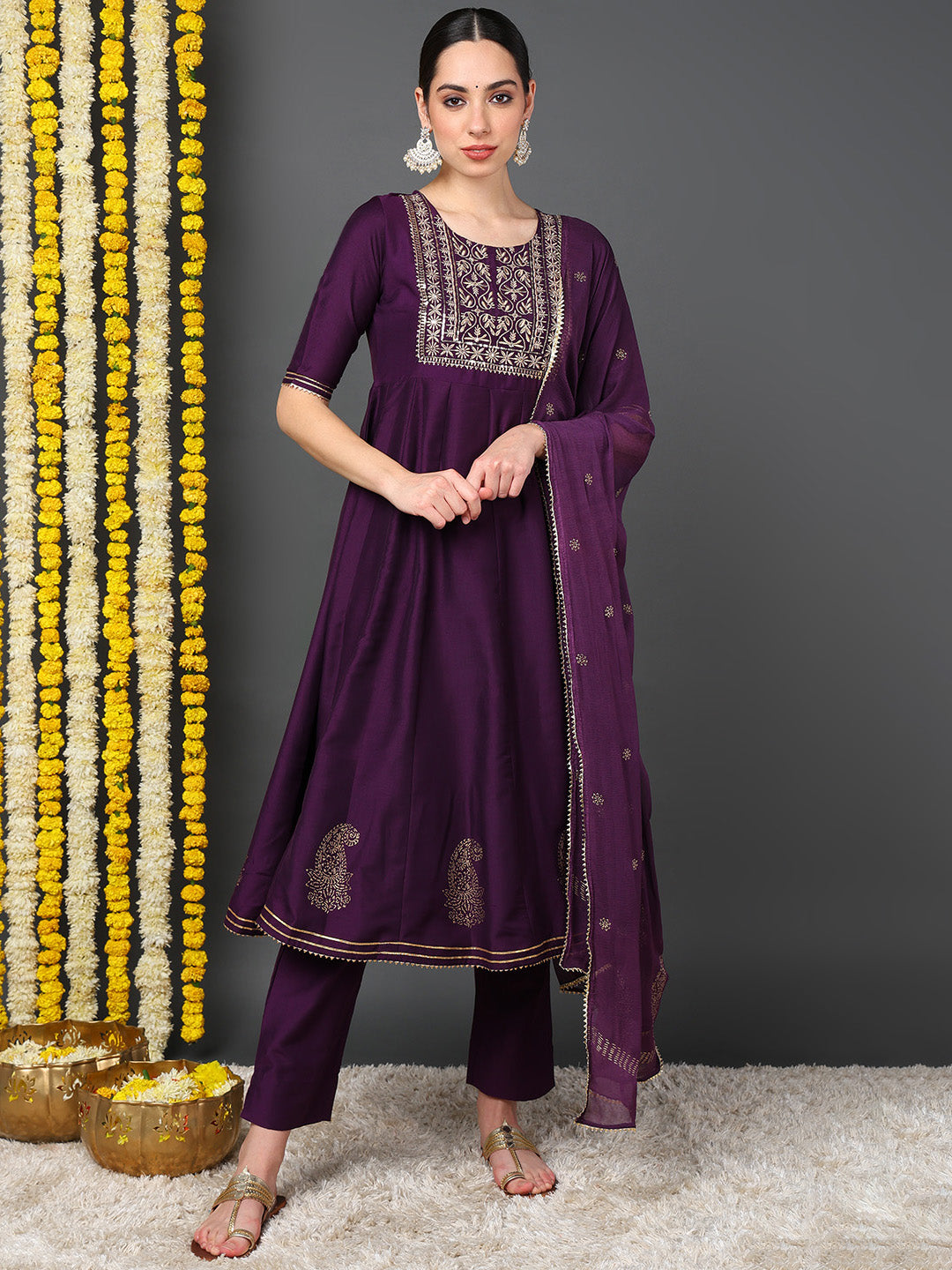 Women's Purple Silk Blend Embroidered Anarkali Kurta Pant Set With Dupatta - Ahika