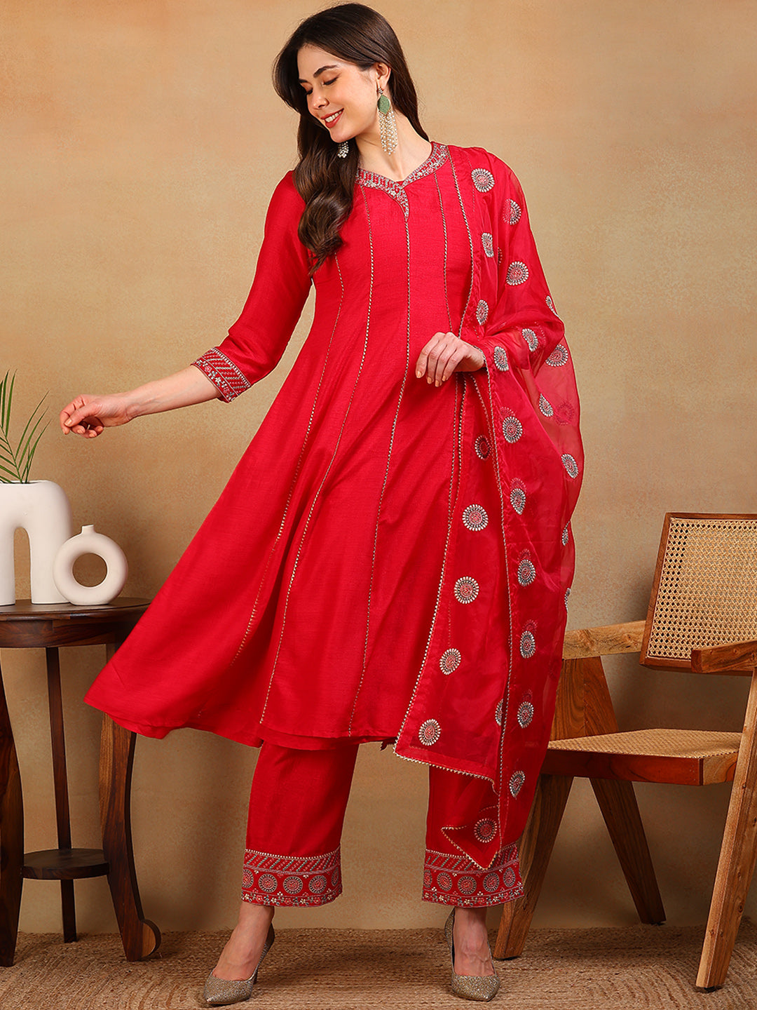 Women's Red Silk Blend Embroidered Anarkali Kurta Pant Set With Dupatta - Ahika