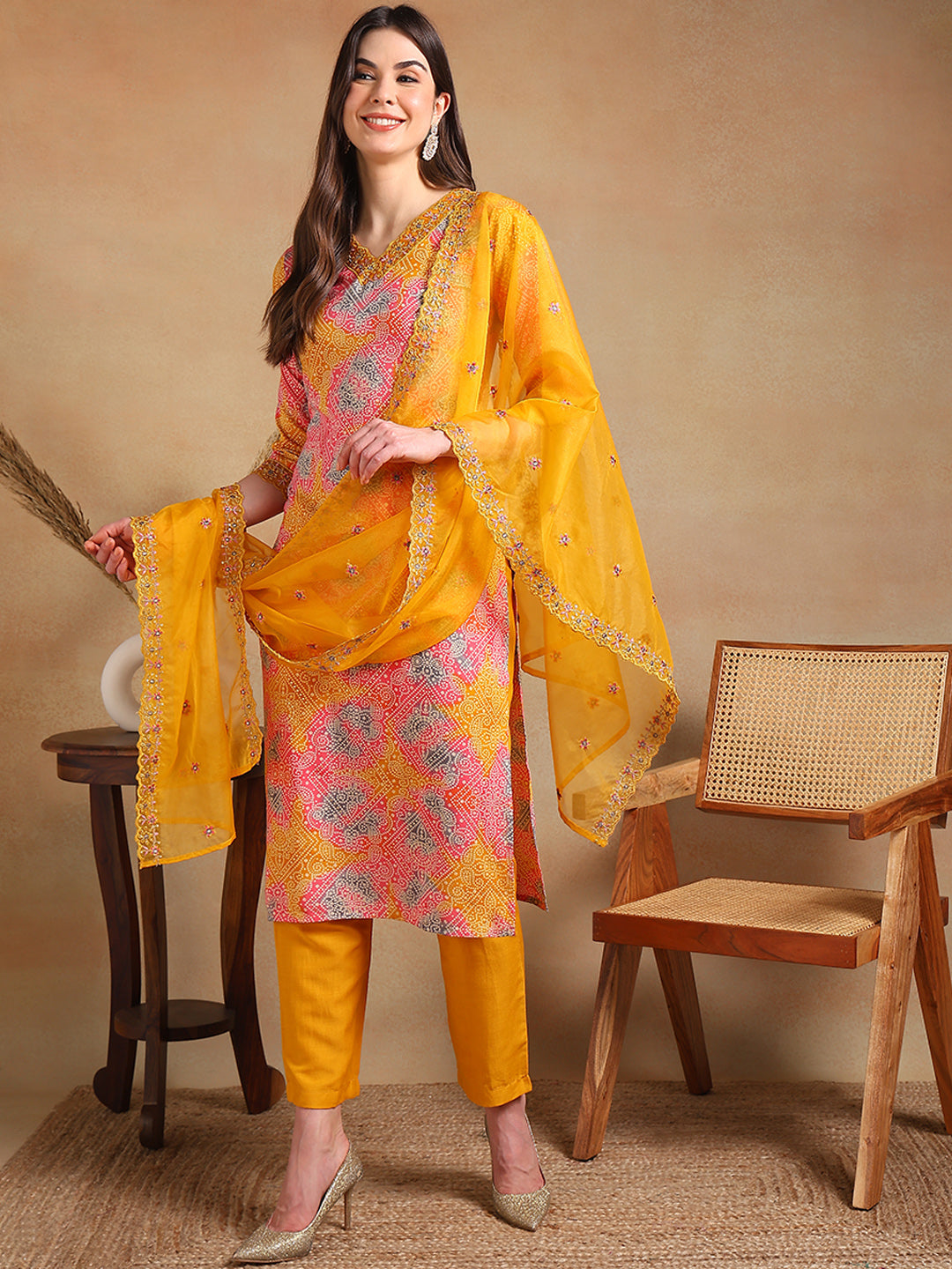 Women's Yellow Viscose Rayon Printed Straight Kurta Pant Set With Dupatta - Ahika