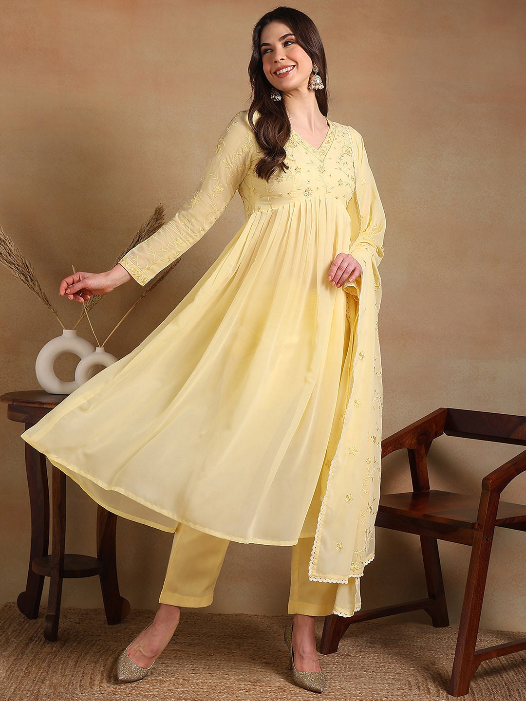 Women's Yellow Poly Georgette Embroidered A-Line Kurta Pant Set With Dupatta - Ahika