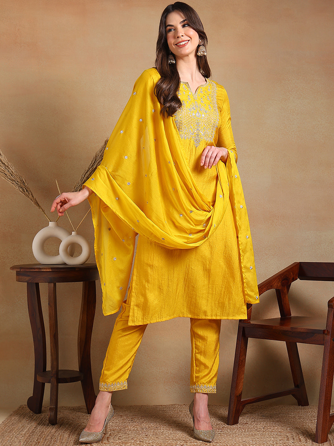 Women's Yellow Silk Blend Embroidered Straight Kurta Pant Set With Dupatta - Ahika