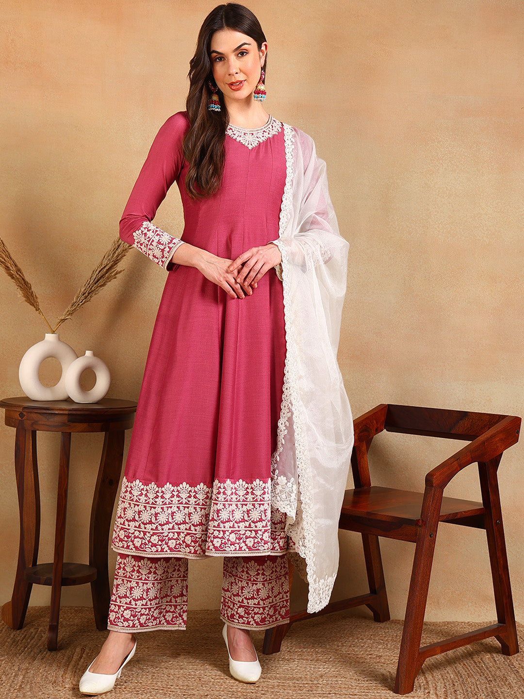 Women's Pink Silk Blend Embroidered Anarkali Kurta Pant Set With Dupatta - Ahika