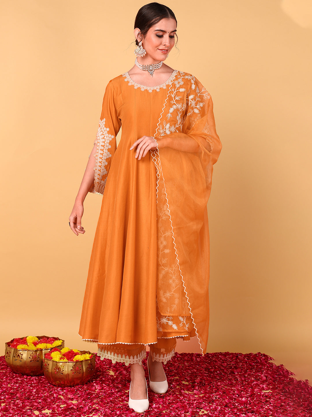 Women's Orange Silk Blend Embroidered Anarkali Kurta Pant Set With Dupatta - Ahika