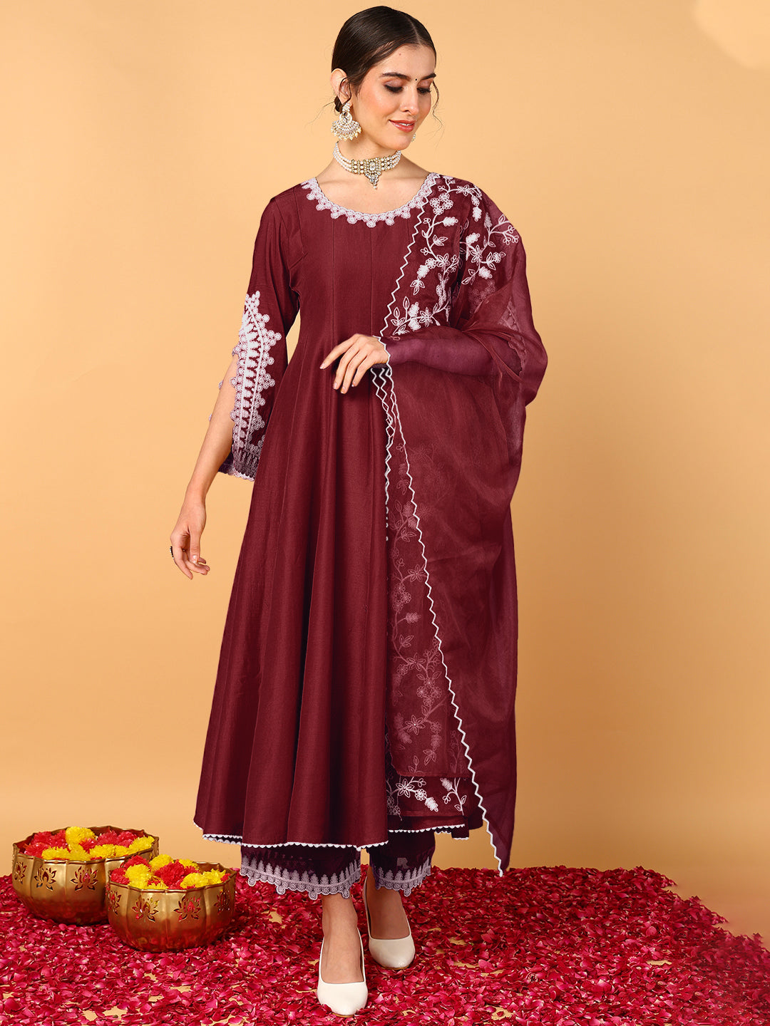 Women's Maroon Silk Blend Embroidered Anarkali Kurta Pant Set With Dupatta - Ahika