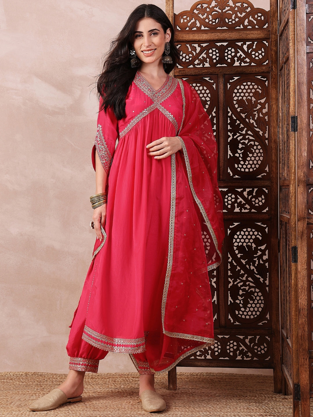 Women's Pink Silk Blend Solid Embroidered Straight Kurta Salwar With Dupatta - Ahika