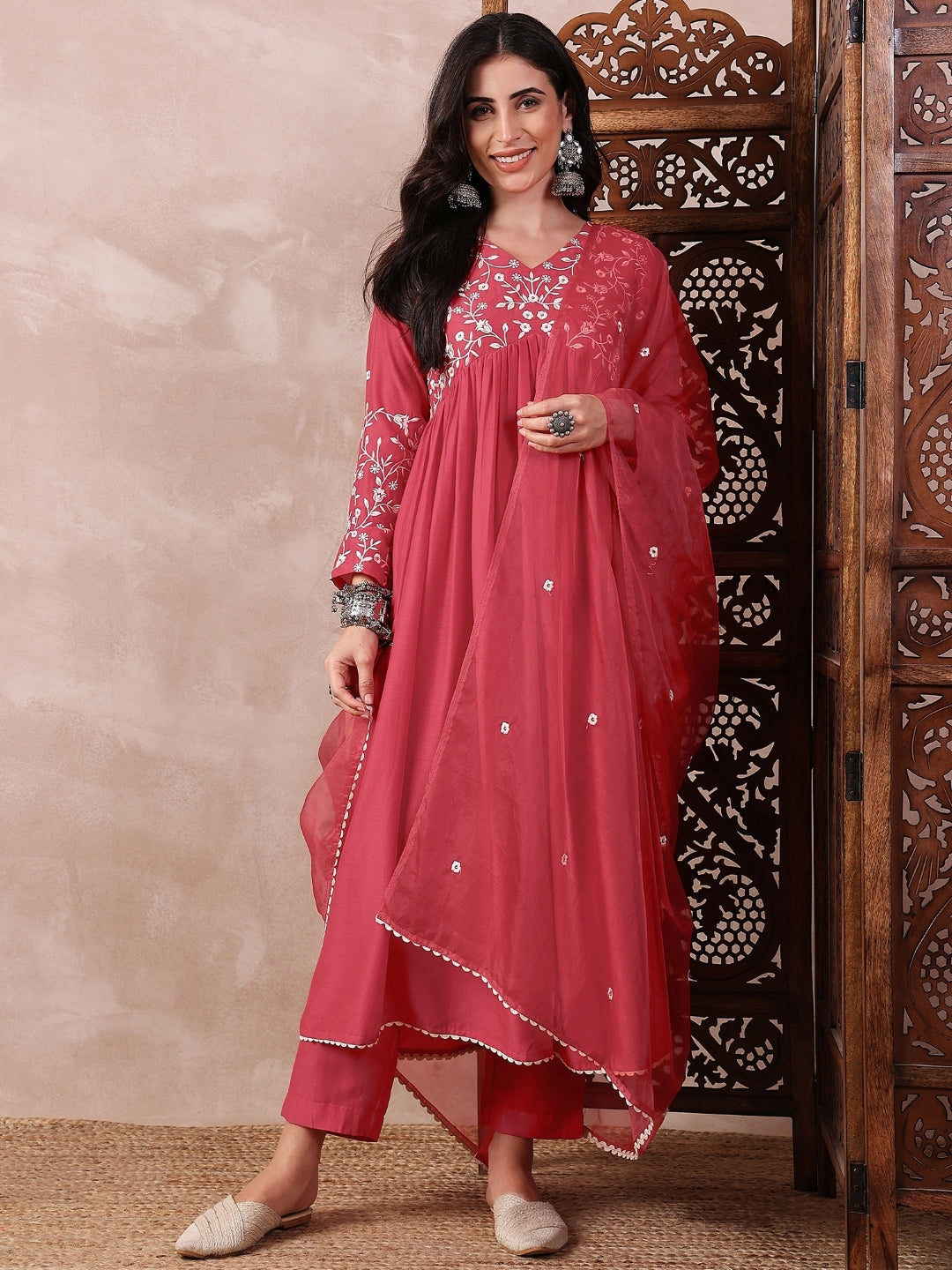 Women's Red Cotton Blend Solid Embroidered A-Line Kurta Trouser With Dupatta - Ahika