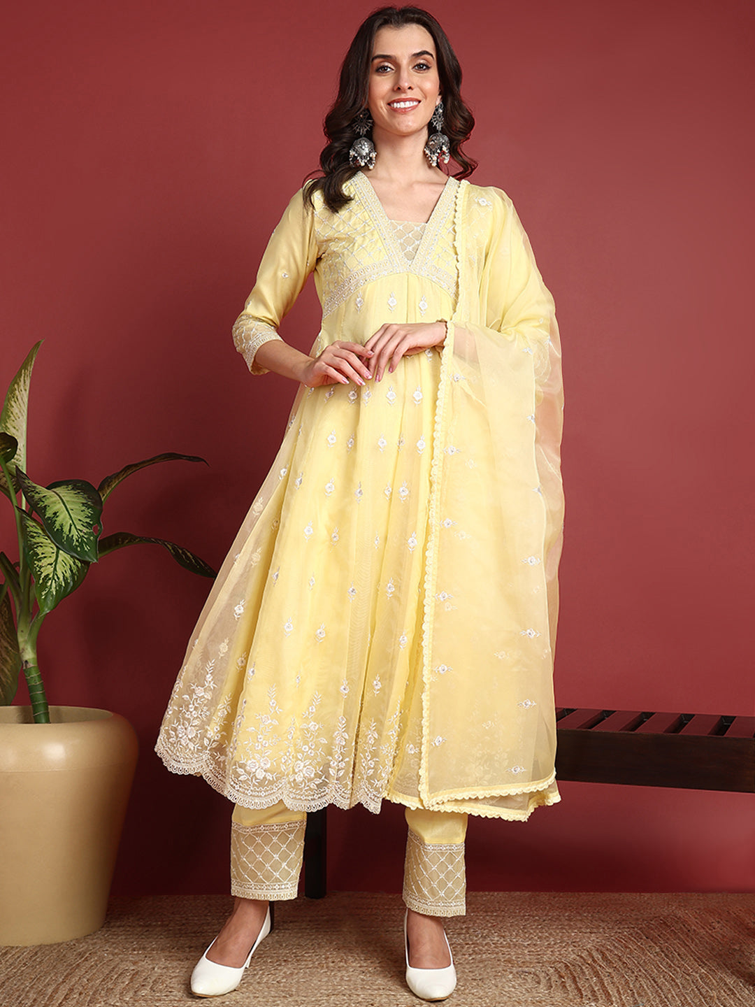 Women's Yellow Organza Embroidered Anarkali Kurta Pant Set With Dupatta - Ahika