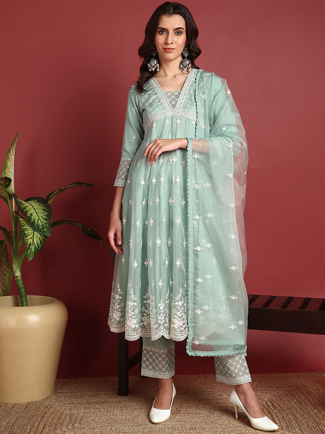 Women's Sea Green Organza Embroidered Anarkali Kurta Pant Set With Dupatta - Ahika