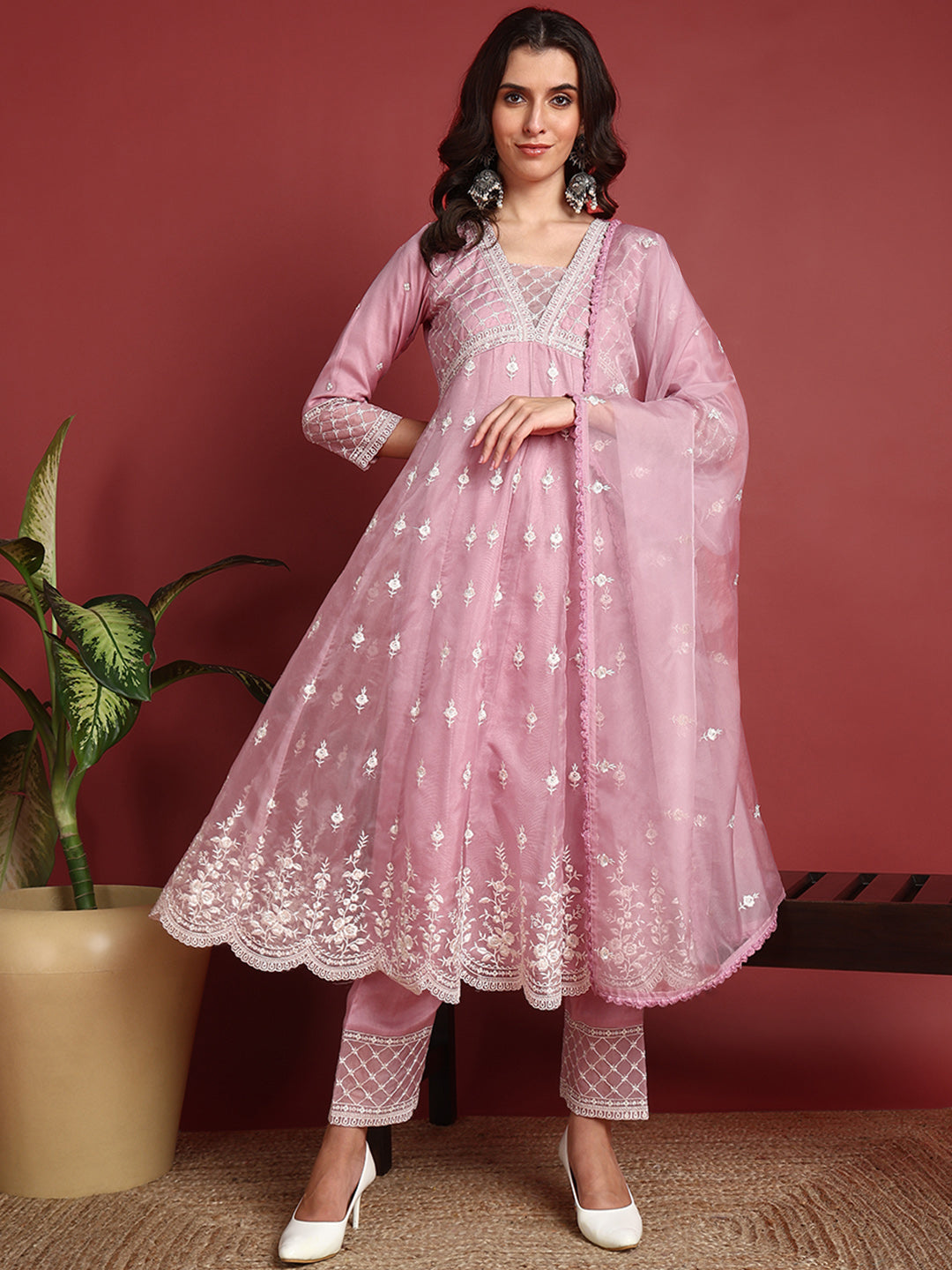 Women's Pink Organza Embroidered Anarkali Kurta Pant Set With Dupatta - Ahika