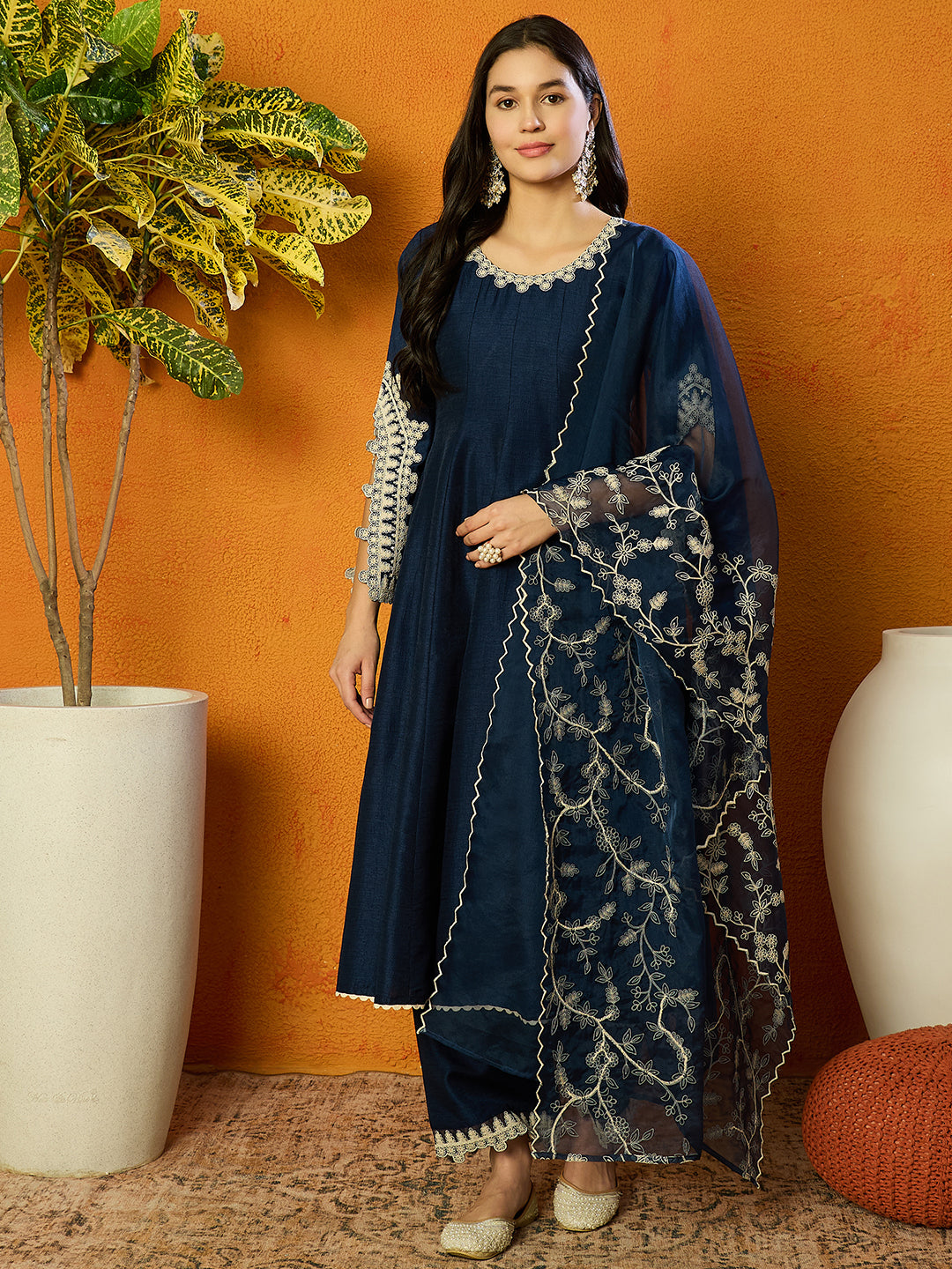 Women's Blue Silk Blend Embroidered Anarkali Kurta Palazzo Set With Dupatta - Ahika