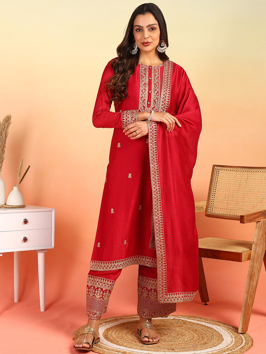 Women's Red Silk Blend Solid Embroidered Straight Kurta Palazzo With Dupatta - Ahika