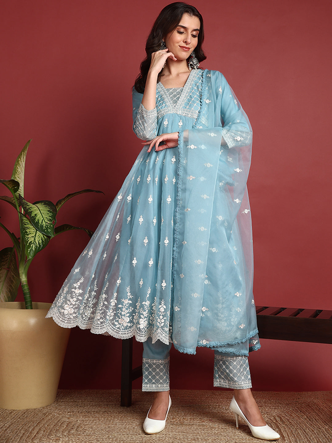 Women's Blue Organza Embroidered Anarkali Kurta Pant Set With Dupatta - Ahika