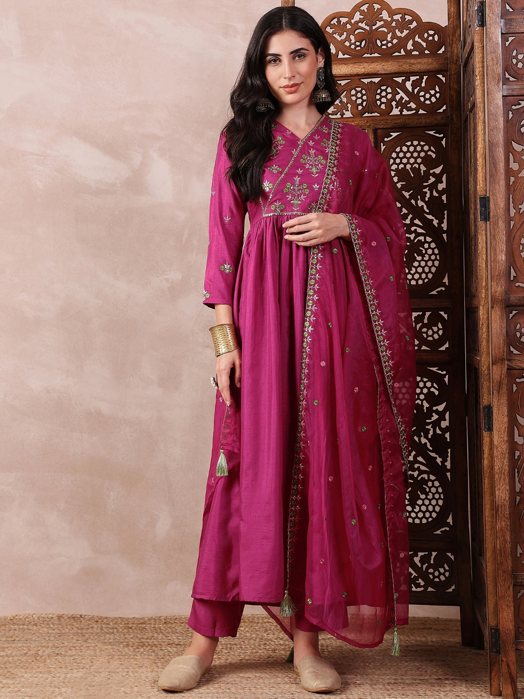 Women's Pink Silk Blend Solid Embroidered A-Line Kurta Trouser With Dupatta - Ahika