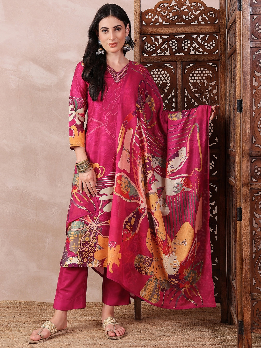 Women's Pink Silk Blend Floral Printed Straight Kurta Trouser With Dupatta - Ahika