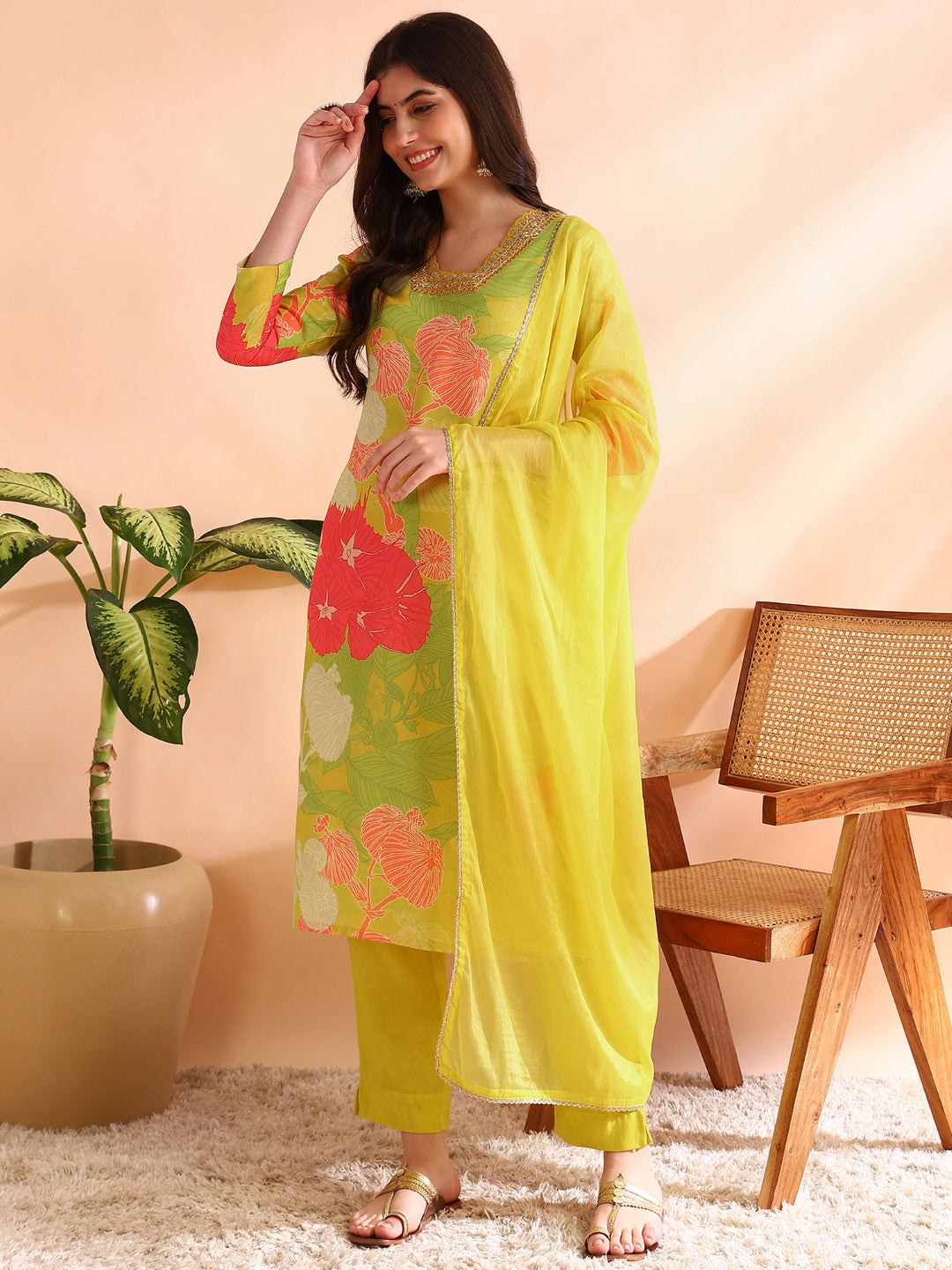 Women's Yellow Rayon Blend Floral Printed Straight Kurta Trousers With Dupatta - Ahika