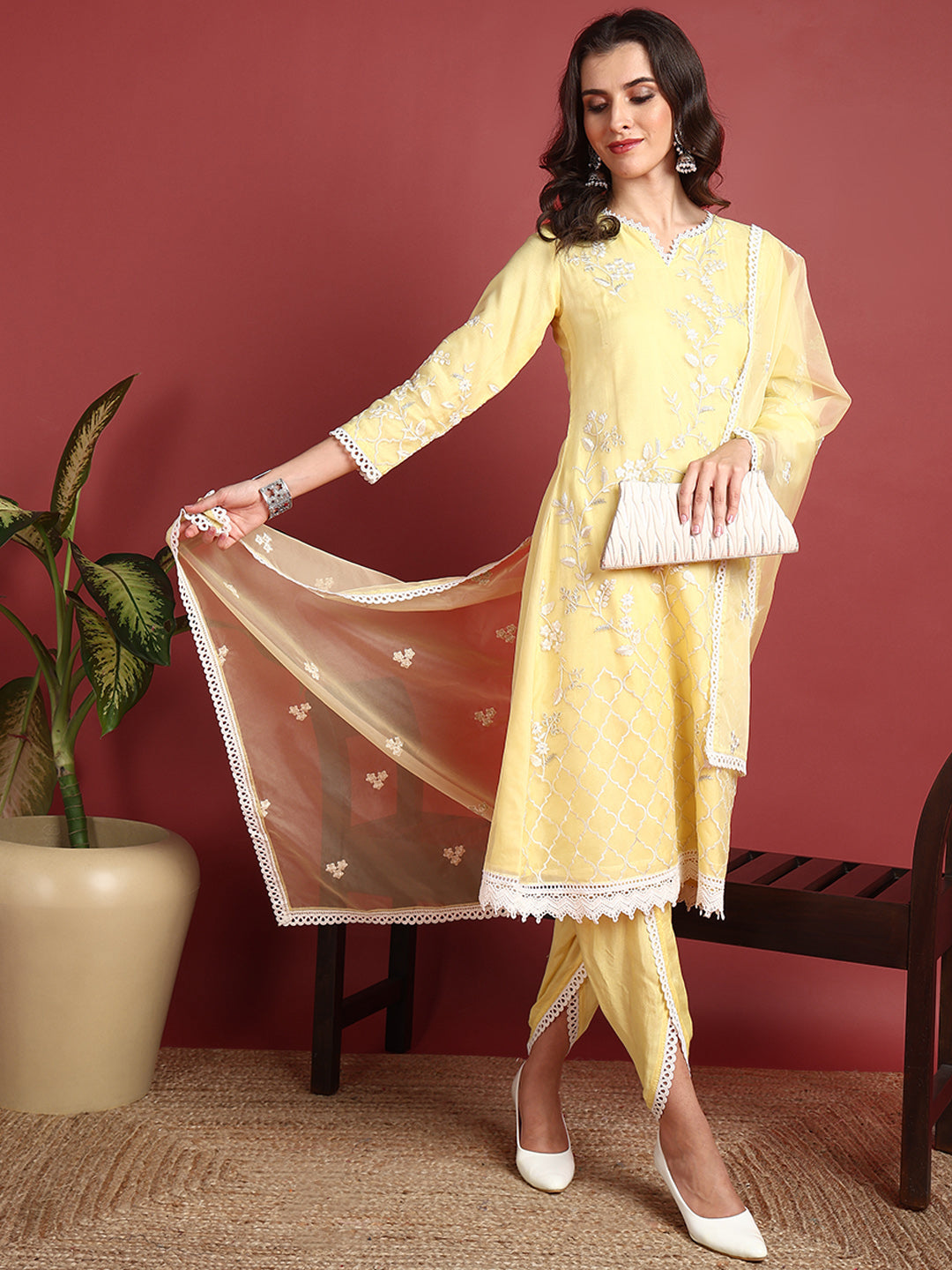 Women's Yellow Organza Embroidered A-Line Kurta Dhoti Pants Set With Dupatta - Ahika