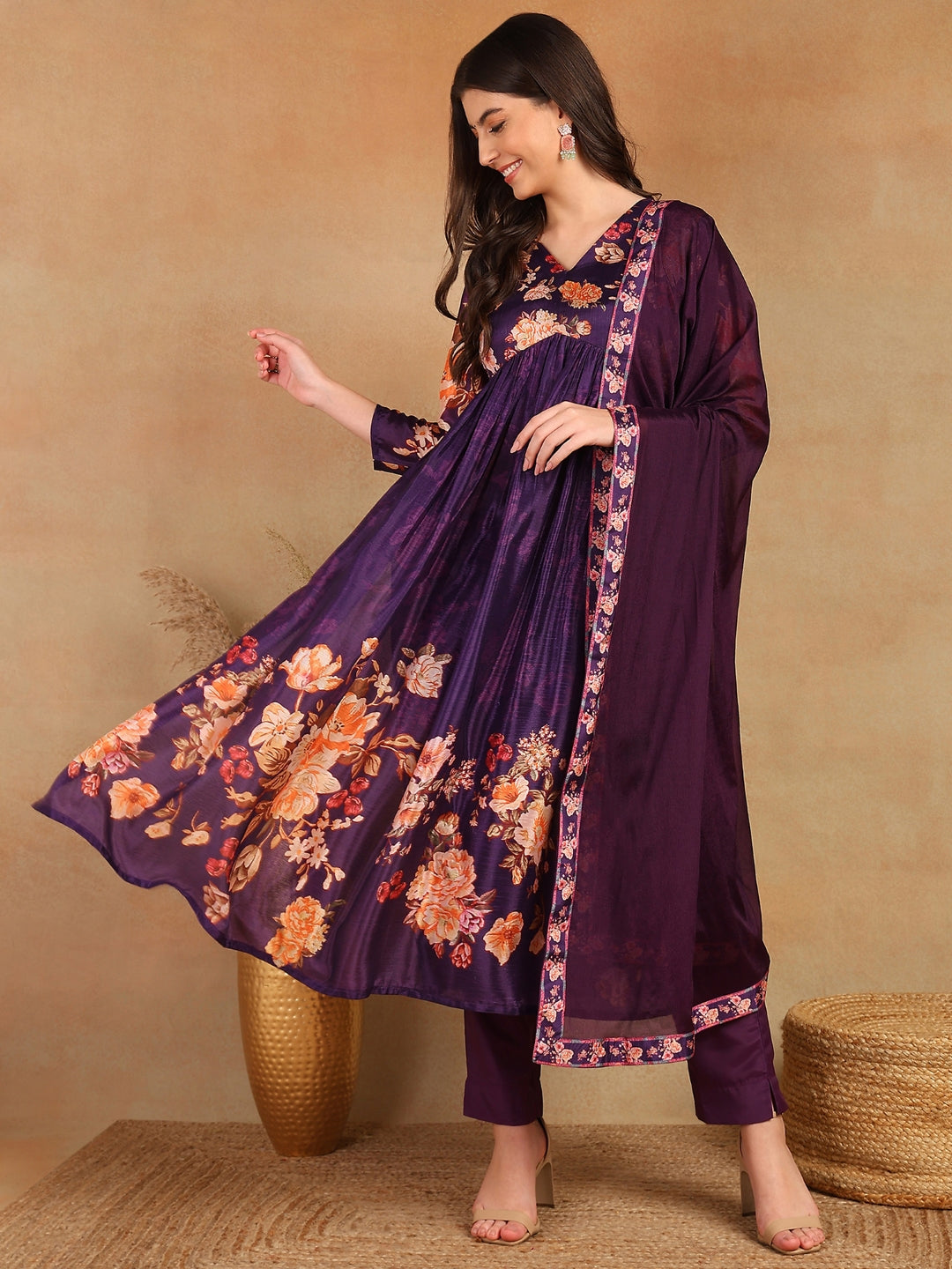 Women's Purple Silk Blend Floral Printed Straight Kurta Trouser With Dupatta - Ahika