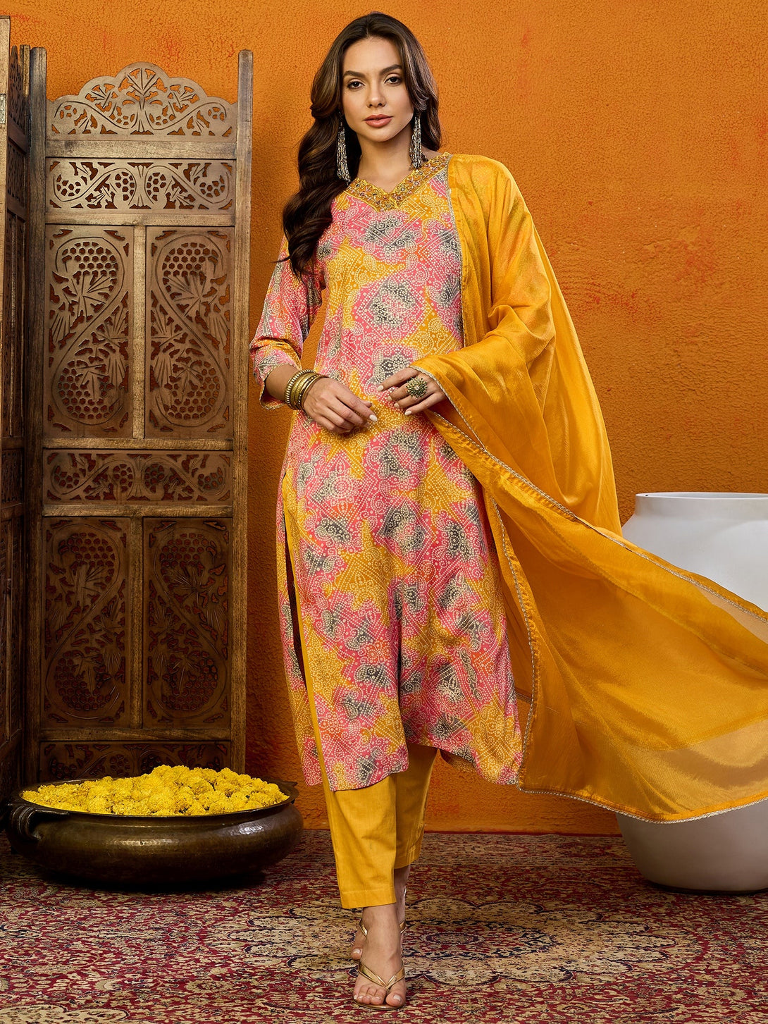 Women's Yellow Cotton Blend Printed Straight Kurta Pant Set With Dupatta - Ahika