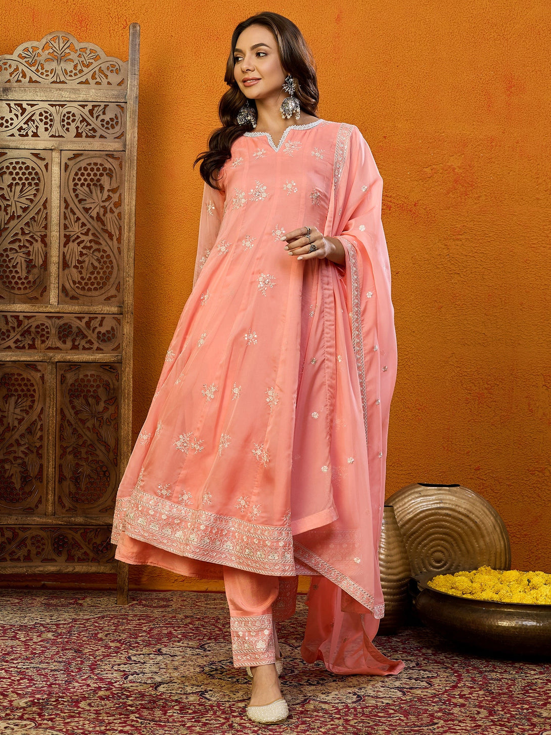 Women's Peach Organza Embroidered Anarkali Kurta Pant Set With Dupatta - Ahika