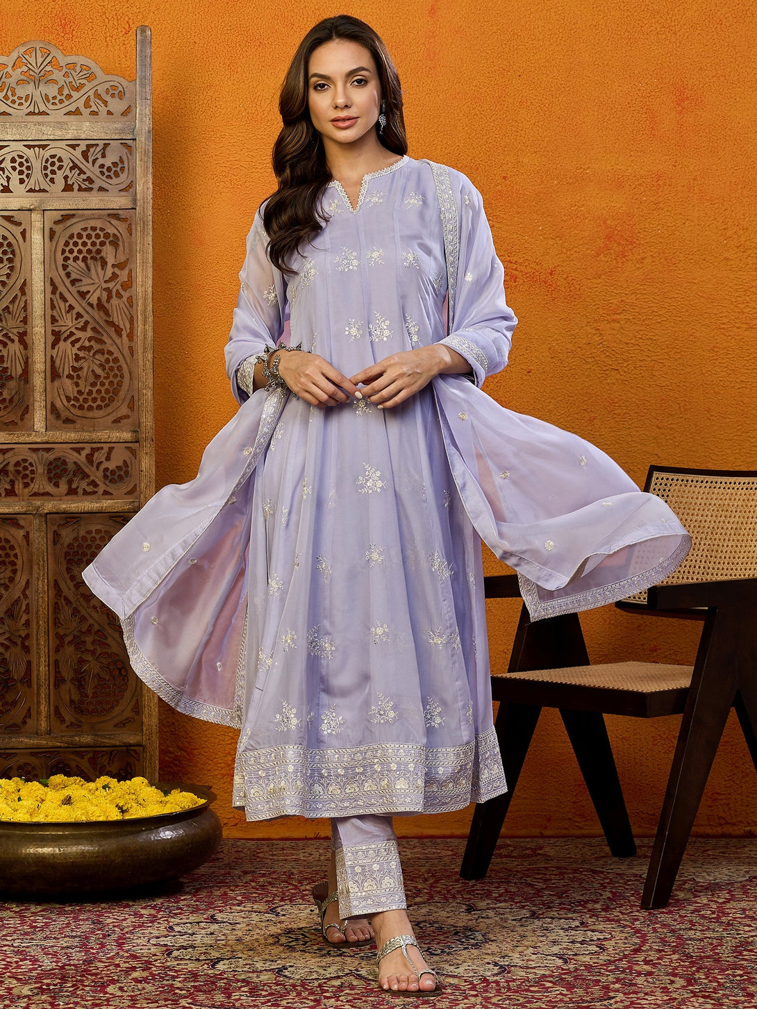 Women's Lavender Organza Embroidered Anarkali Kurta Pant Set With Dupatta - Ahika