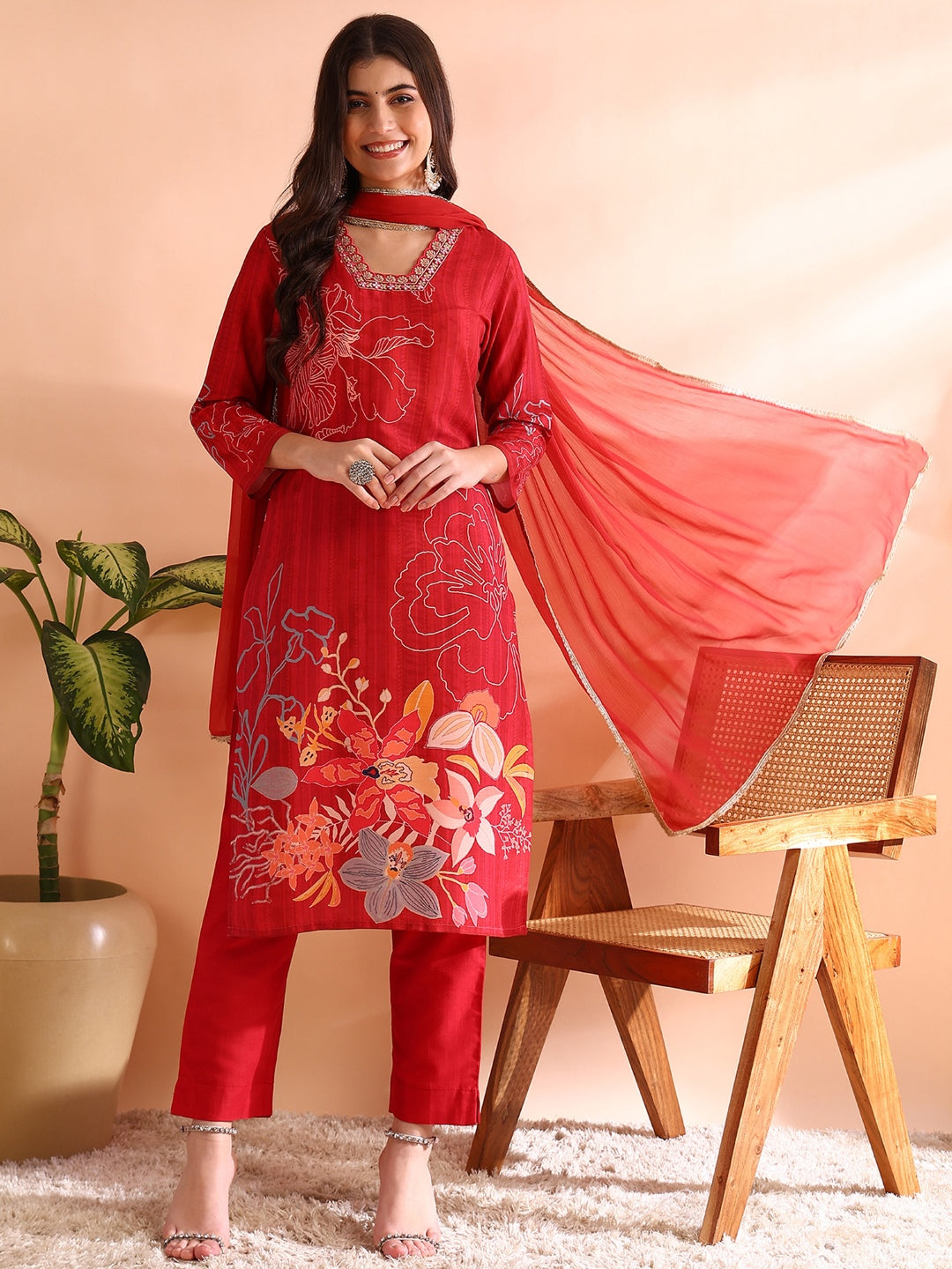 Women's Red Silk Blend Floral Printed Straight Kurta Trousers With Dupatta - Ahika