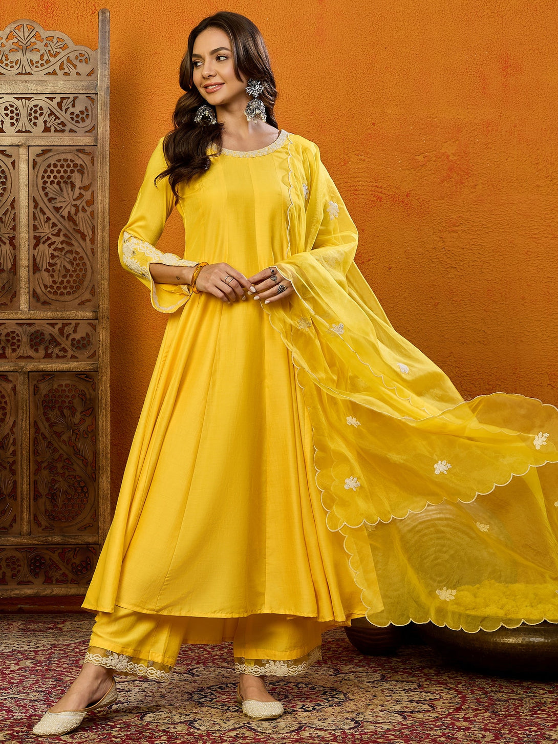 Women's Yellow Cotton Blend Embroidered Anarkali Kurta Palazzo Set With Dupatta - Ahika