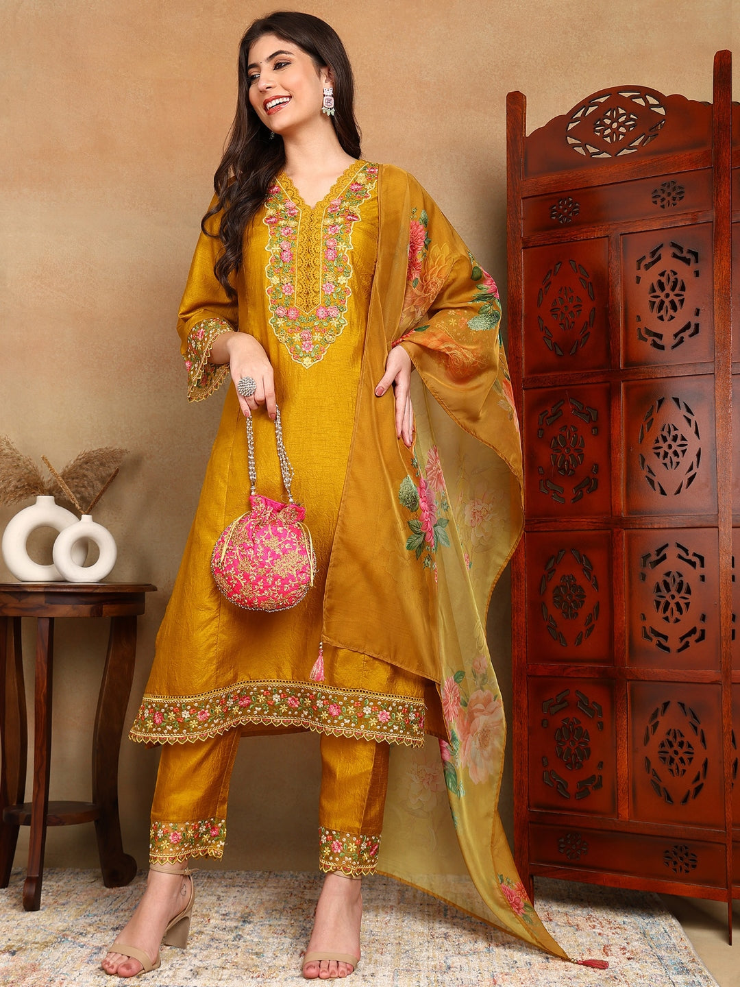 Women's Mustard Silk Blend Embroidered Kurta Trouser With Dupatta - Ahika