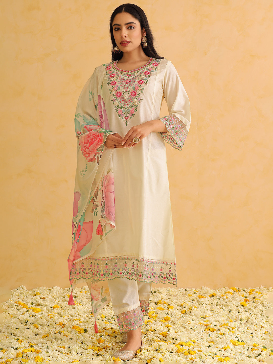 Women's Off White Silk Blend Solid Embroidered Straight Kurta Trouser With Dupatta - Ahika