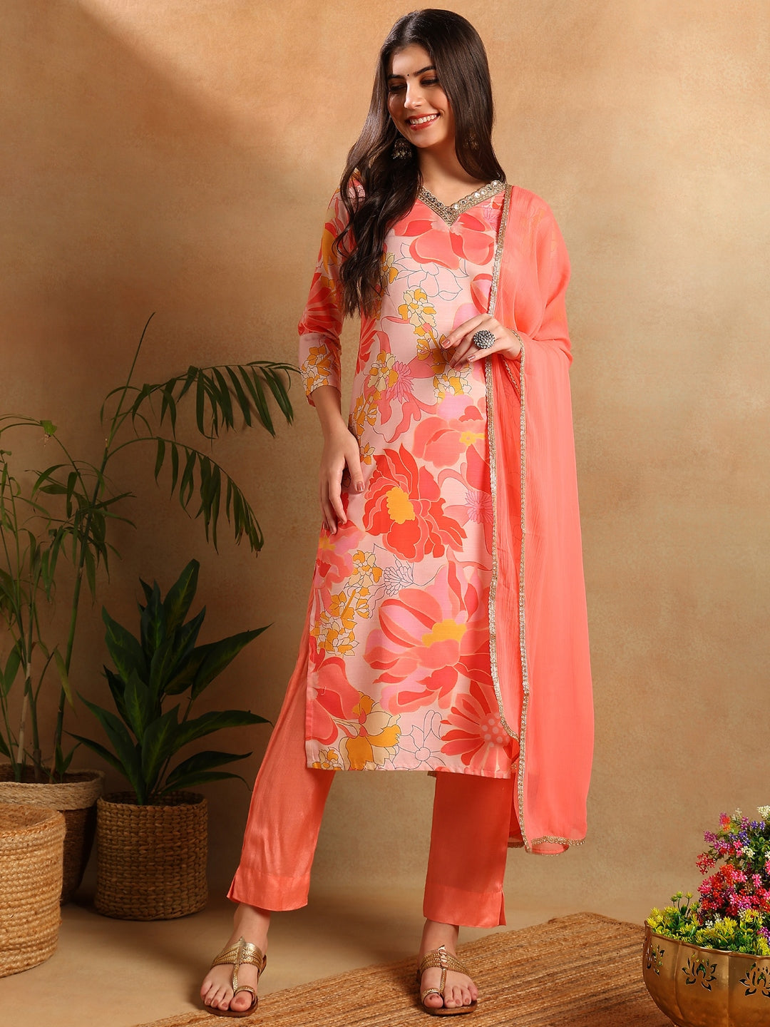 Women's Peach Rayon Blend Floral Printed Straight Kurta Trouser With Dupatta - Ahika