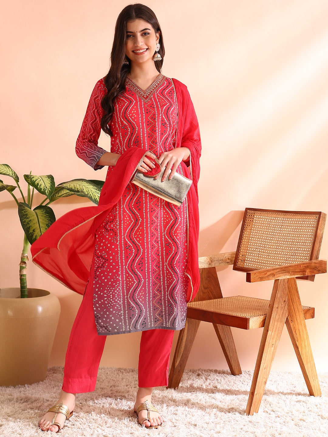 Women's Red Silk Blend Bandhani Printed Straight Kurta Trousers With Dupatta - Ahika