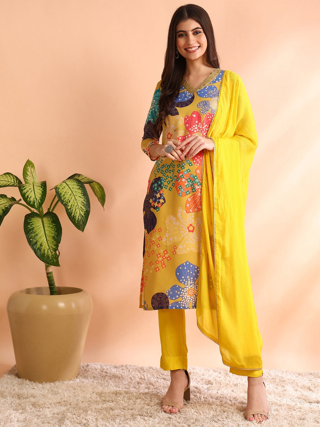 Women's Yellow Cotton Blend Floral Printed Straight Kurta Trouser With Dupatta - Ahika