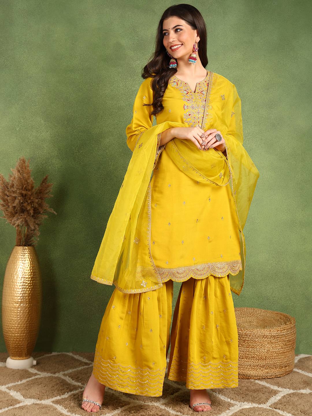 Women's Yellow Silk Blend Embroidered Zari Straight Kurta Sharara With Dupatta - Ahika