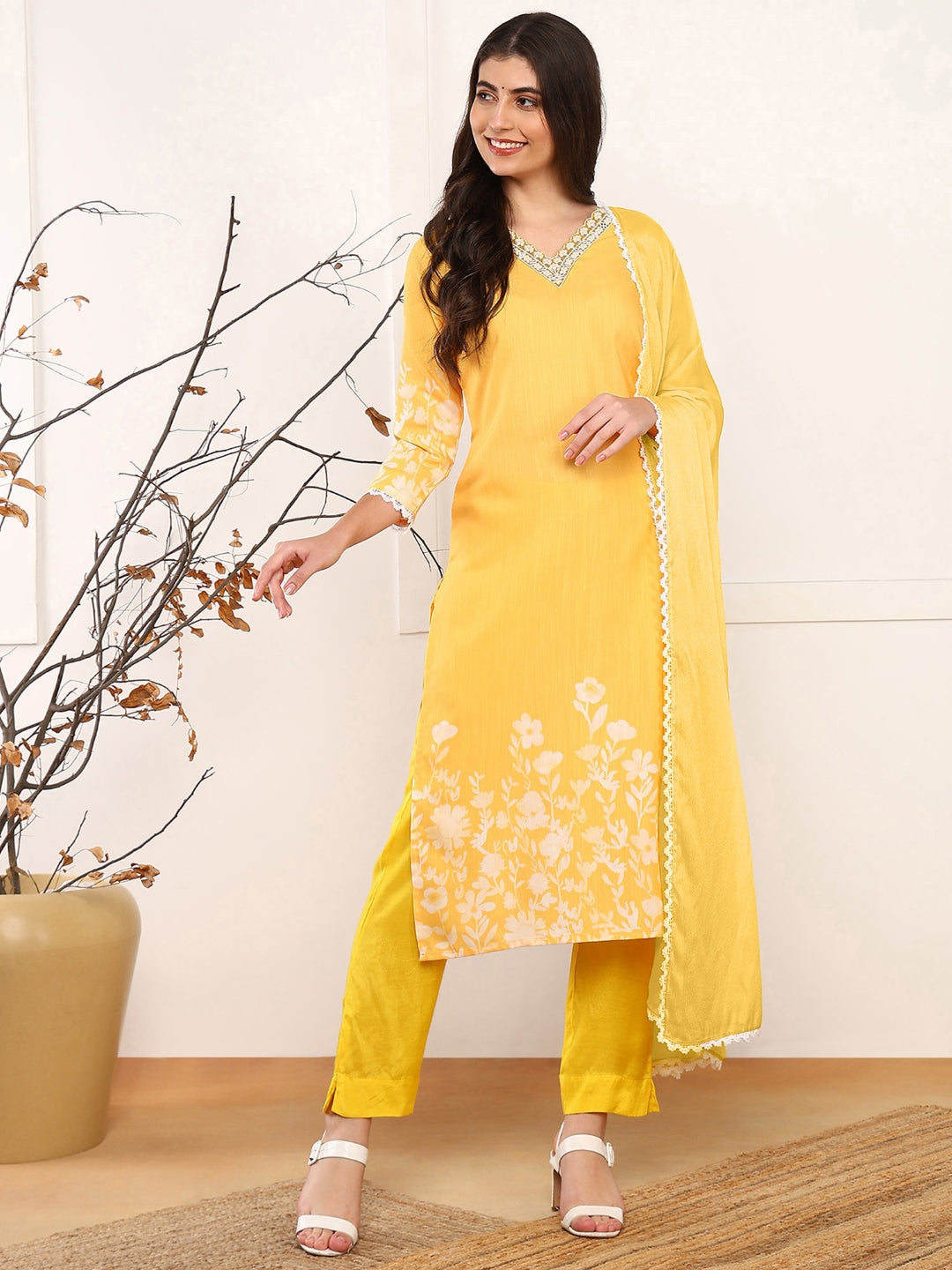 Women's Yellow Cotton Blend Floral Printed Straight Kurta Trouser With Dupatta - Ahika