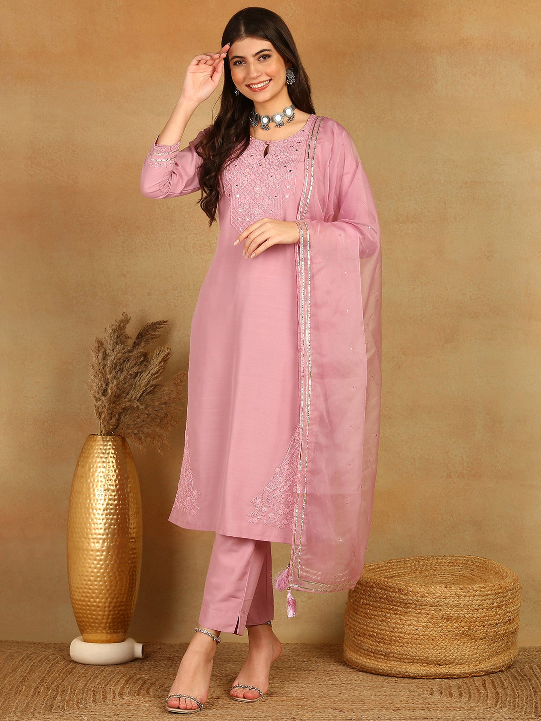 Women's Pink Silk Blend Solid Yoke Design Straight Kurta Trouser With Dupatta - Ahika