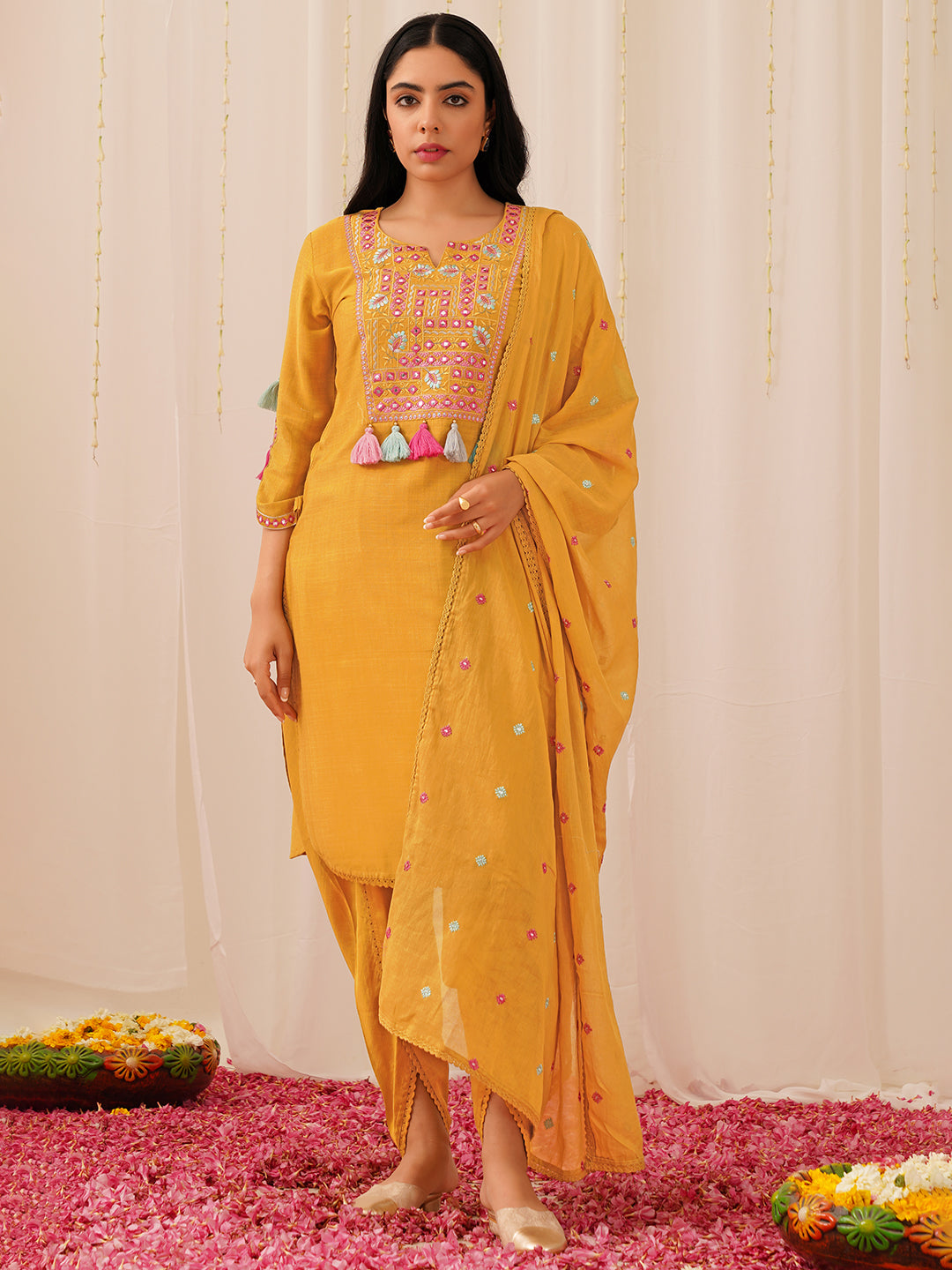 Women's Mustard Viscose Rayon Solid Embroidered Straight Kurta Dhoti Pants With Dupatta - Ahika