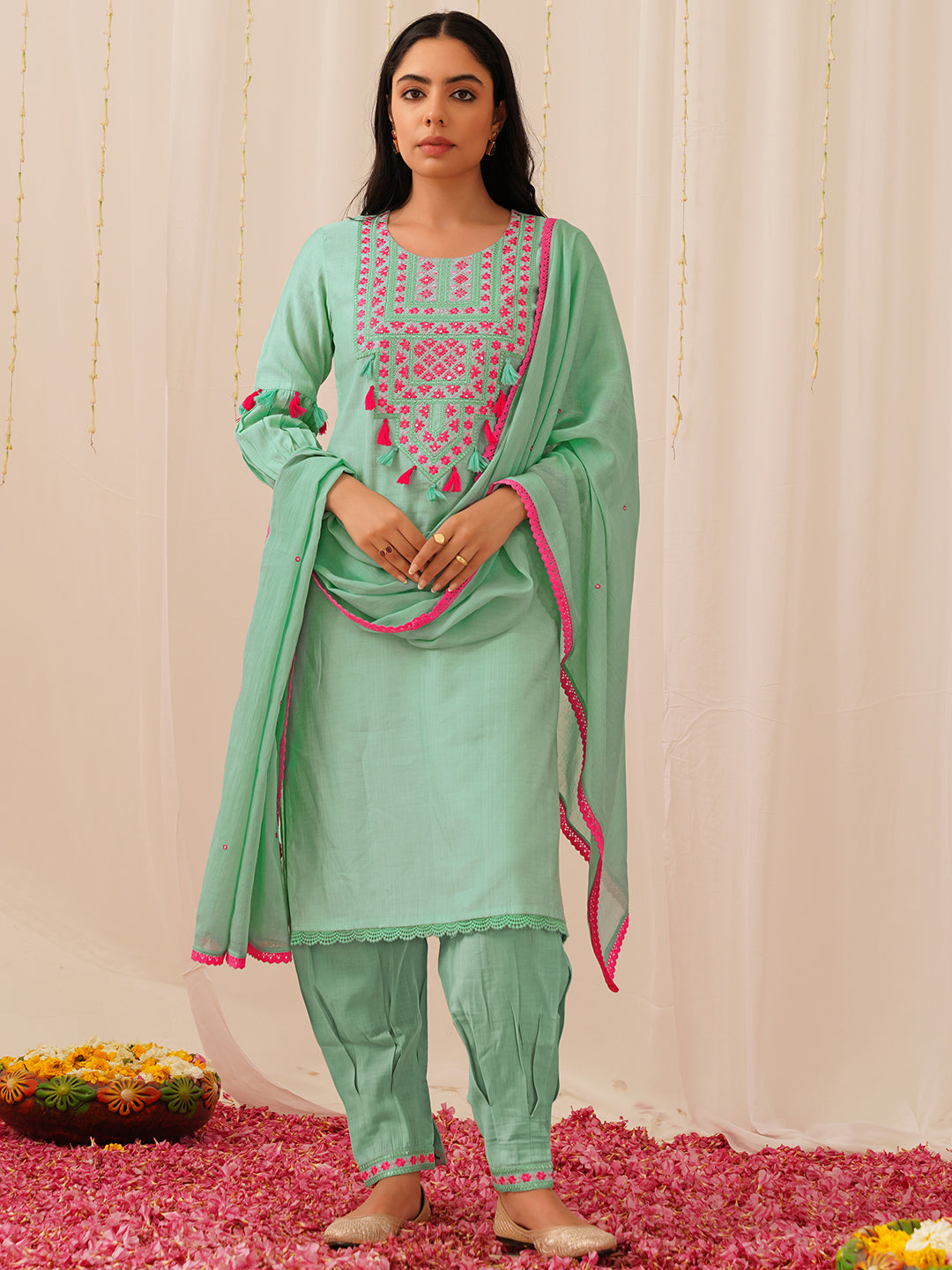 Women's Sea Green Viscose Rayon Solid Embroidered Straight Kurta Salwar With Dupatta - Ahika