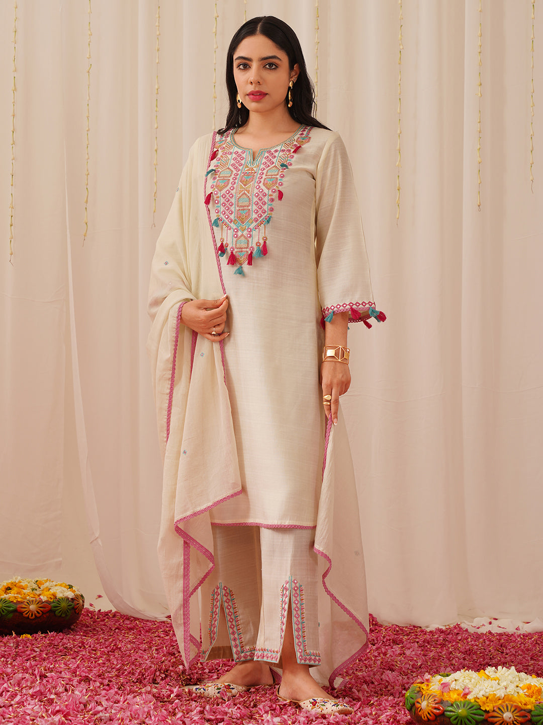 Women's Off White Viscose Rayon Solid Embroidered Straight Kurta Trouser With Dupatta - Ahika