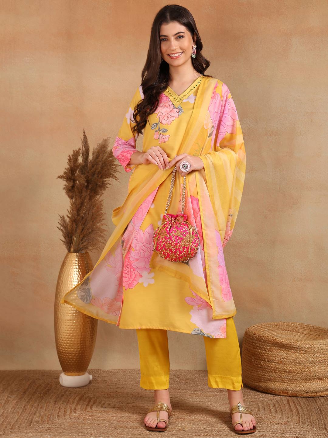 Women's Yellow Cotton Blend Floral Printed Straight Kurta Trouser With Dupatta - Ahika