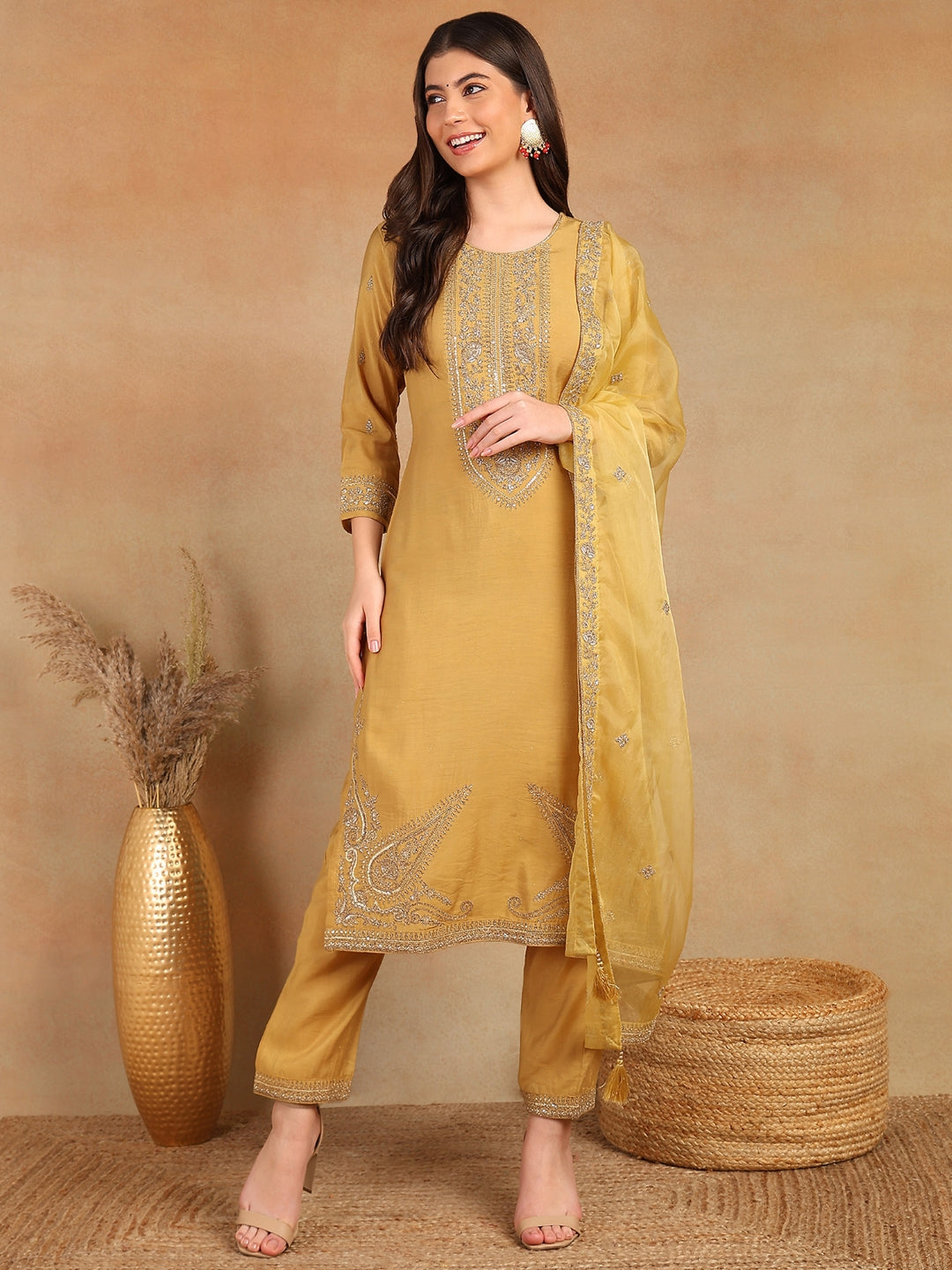 Women's Gold Silk Blend Solid Embroidered Straight Kurta Trouser With Dupatta - Ahika