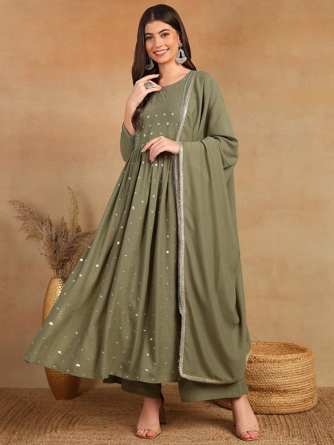 Women's Olive Georgette Solid Embroidered Straight Kurta Palazzo With Dupatta - Ahika