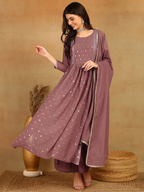 Women's Mauve Georgette Solid Embroidered Straight Kurta Palazzo With Dupatta - Ahika