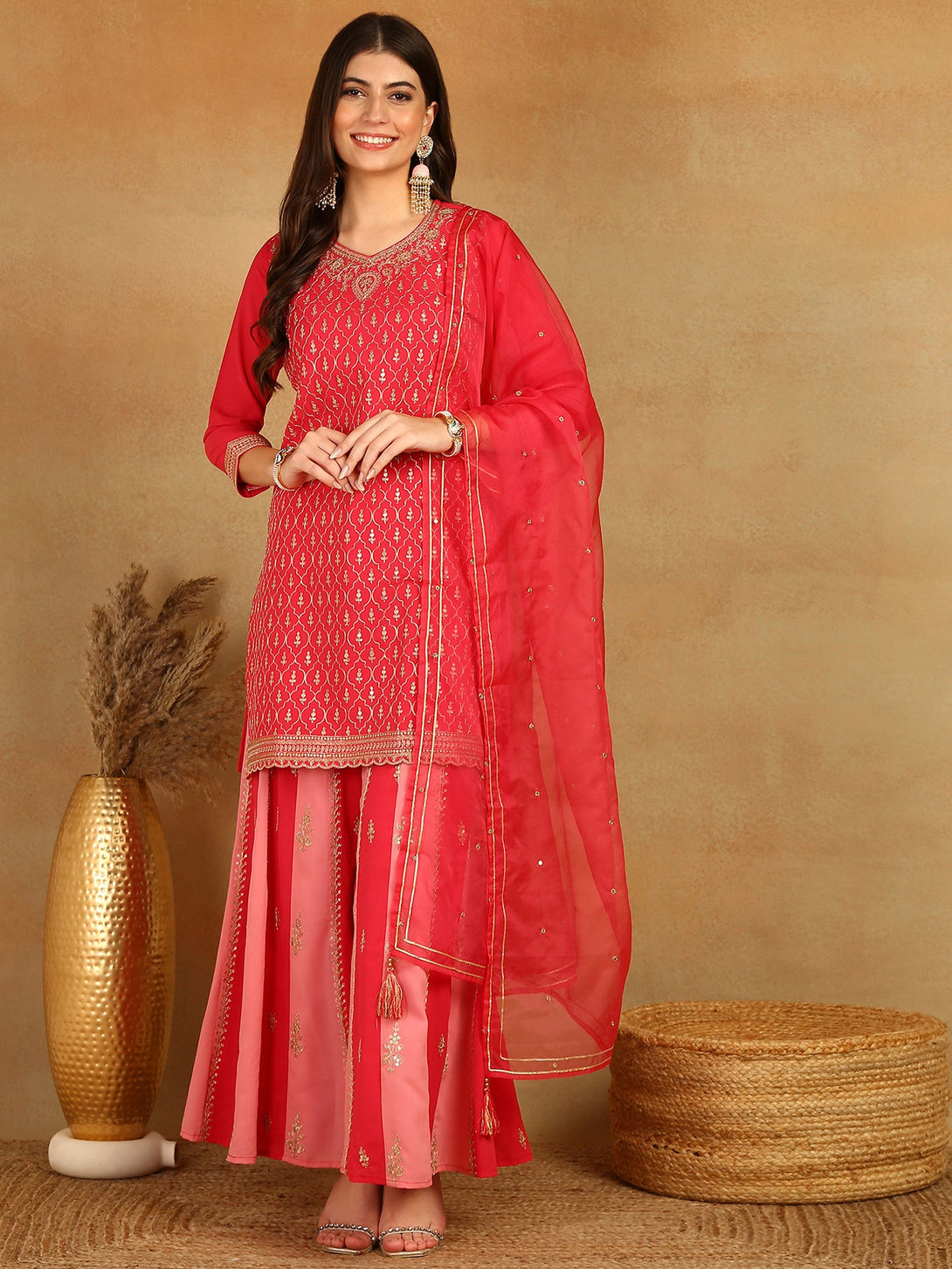 Women's Pink Georgette Solid Embroidered Straight Kurta Palazzo With Dupatta - Ahika