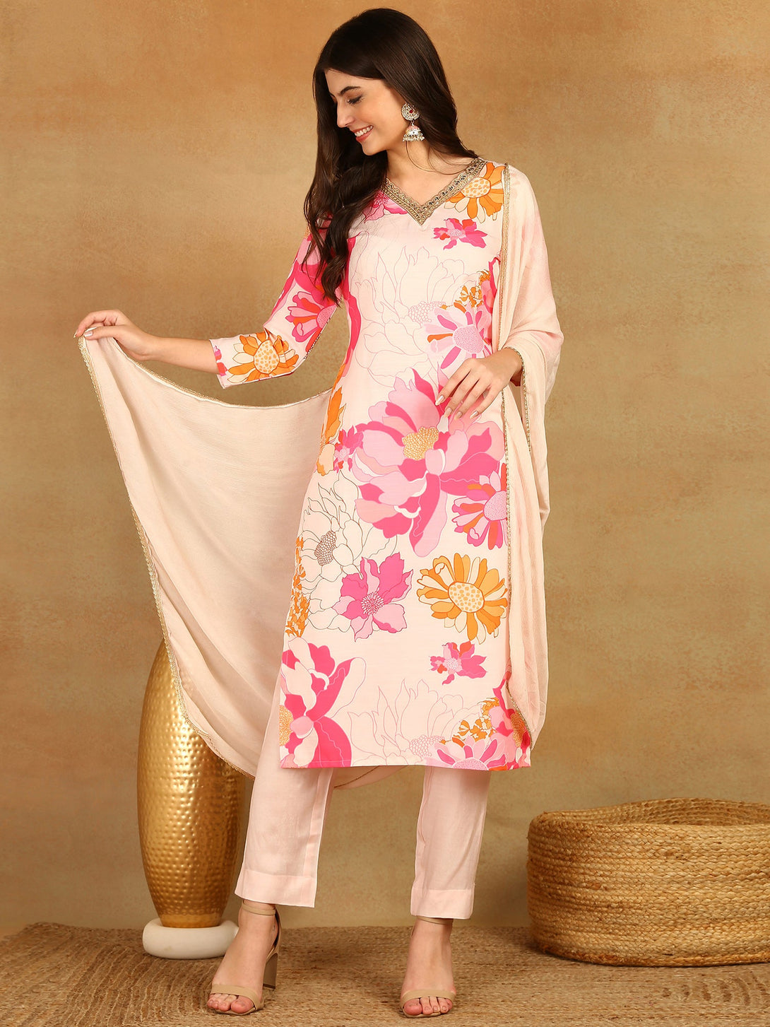 Women's Pink Rayon Blend Floral Printed Straight Kurta Trouser With Dupatta - Ahika