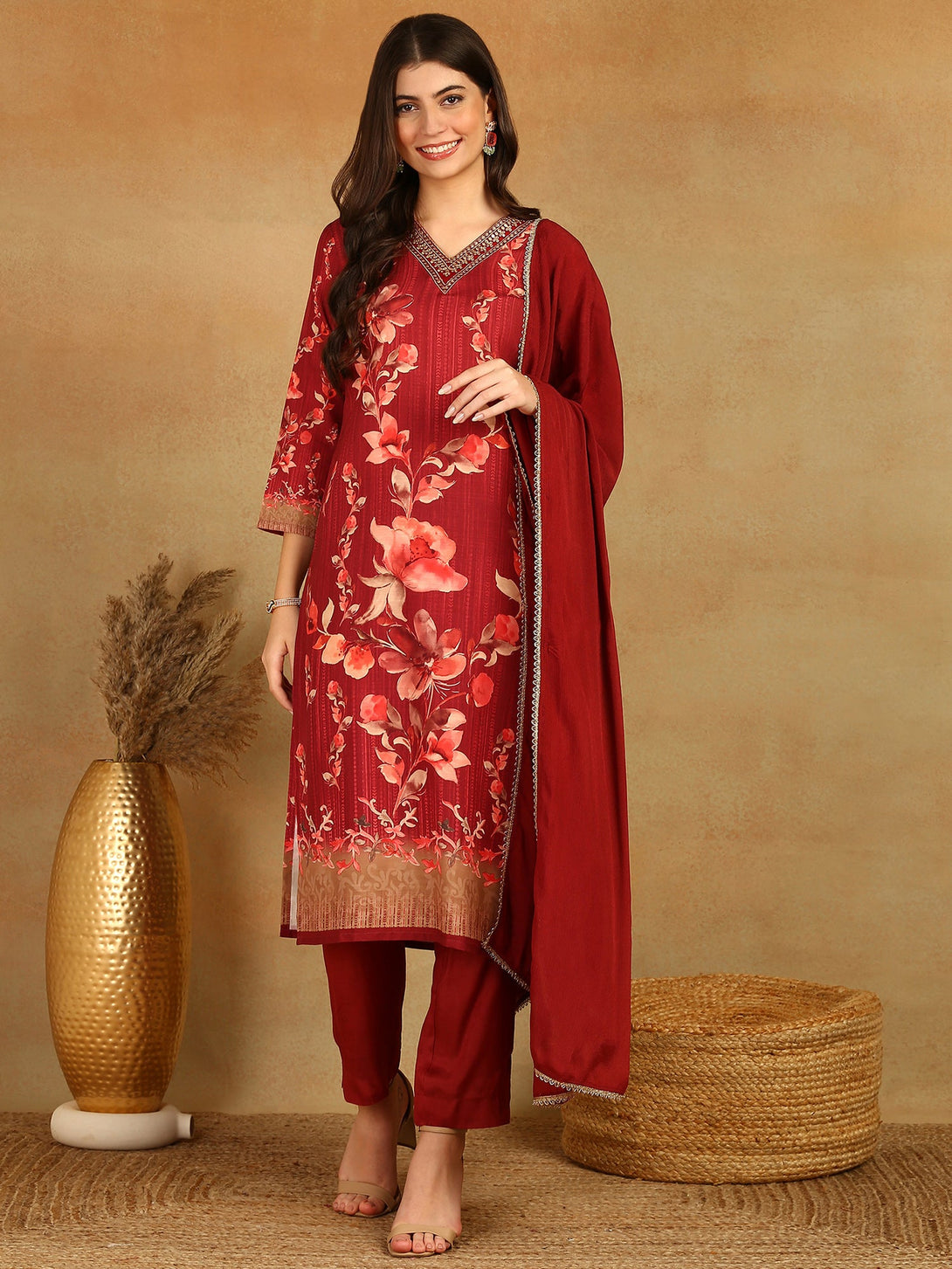 Women's Maroon Rayon Blend Floral Printed Straight Kurta Trouser With Dupatta - Ahika