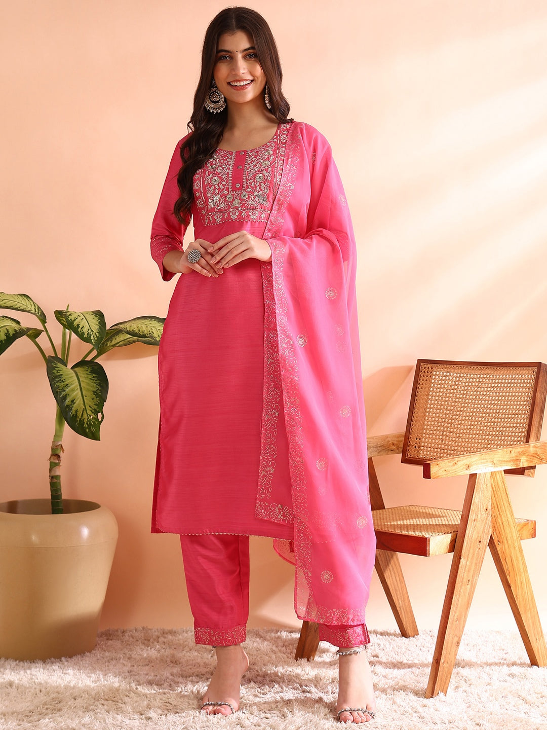 Women's Pink Silk Blend Solid Embroidered Straight Kurta Trousers With Dupatta - Ahika