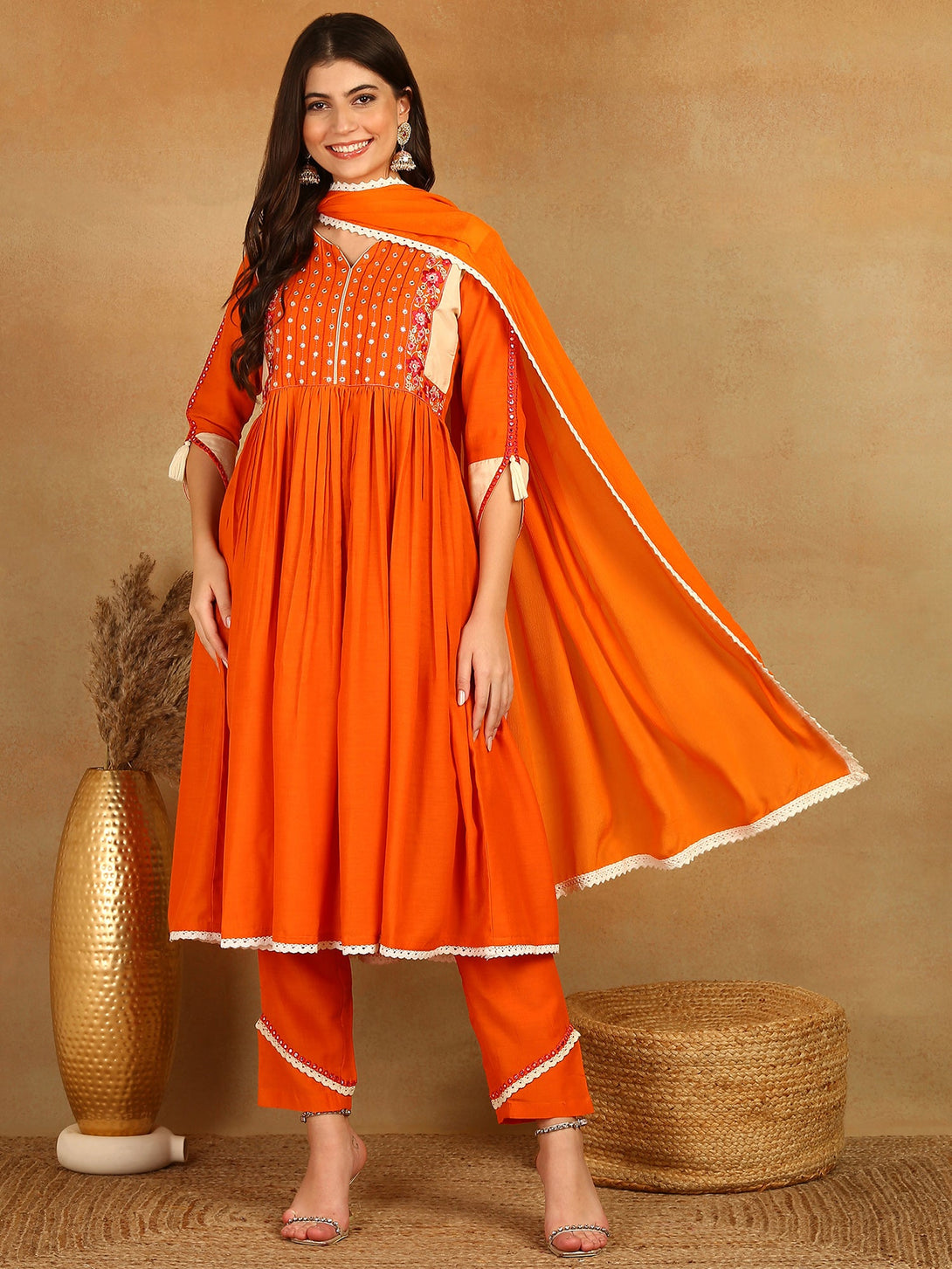 Women's Orange Viscose Rayon Solid Embroidered Anarkali Kurta Trouser With Dupatta - Ahika